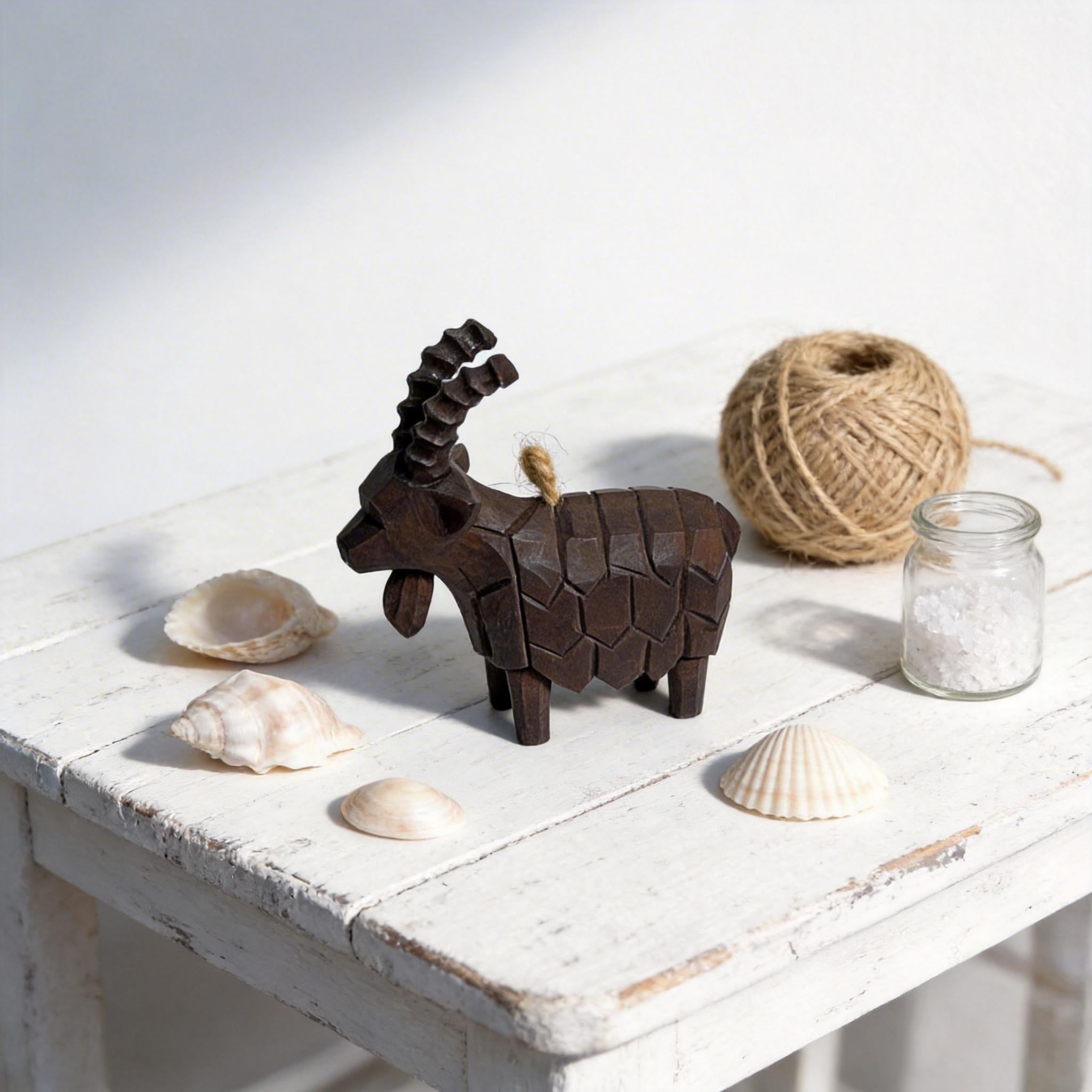 Rustic Geometric Wood Goat Figurine | Hand Carved Mountain Ibex Statue | Farmhouse Shelf Decor | Unique Wooden Animal Lover Gift