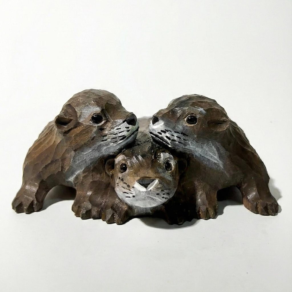 Handmade Wood Otter Trio Figurine, Garden Statue & Planter Decor,  Outdoor Porch Ornament, Friendship Gift