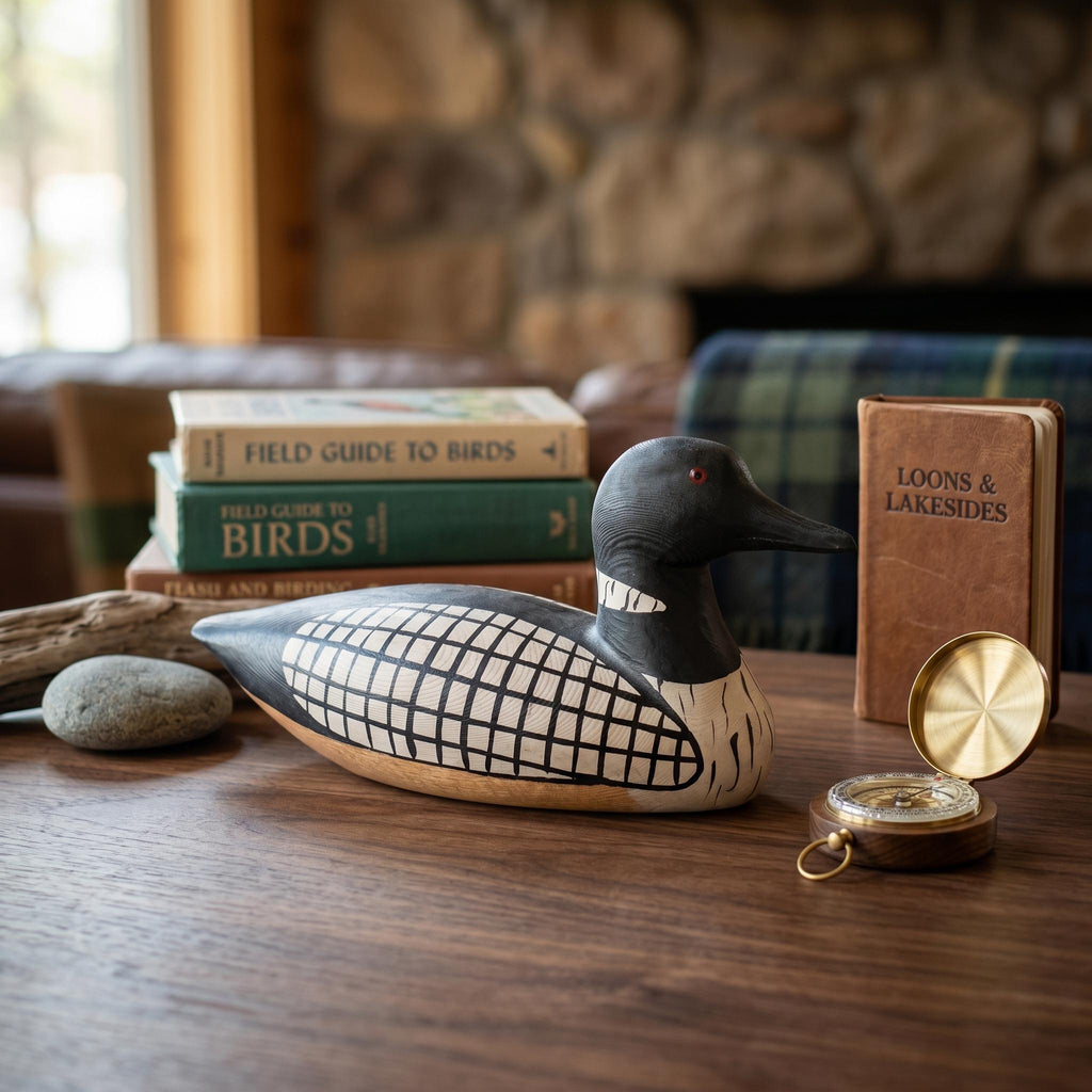 Hand-Carved Wooden Loon Figurine, Rustic Lake House Decor, Black and White Bird Art, Cabin Core Accent, Unique Gift for Bird Lovers