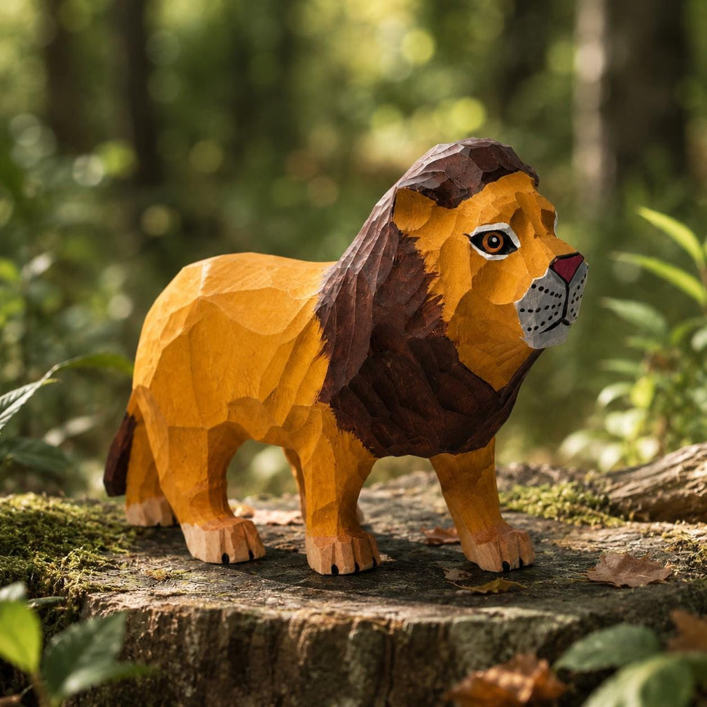 Hand-Carved Wooden Lion Figurine | Whimsical Wood Animal Sculpture | Geometric Desk Decor | Safari Lover Gift Idea