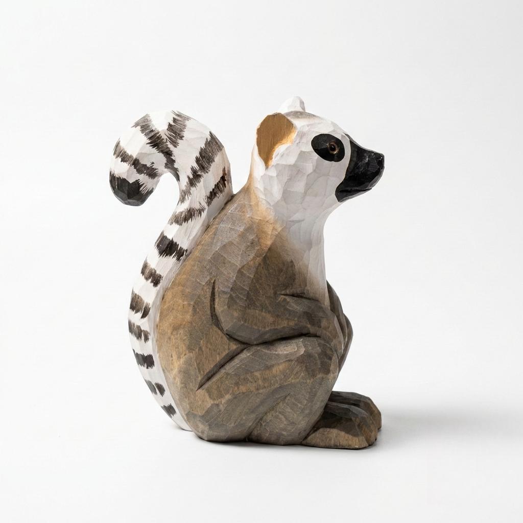 Whimsical Ring-Tailed Lemur Wood Carving | Handmade Wooden Animal Figurine | Safari Nursery Decor | Unique Wildlife Lover Gift
