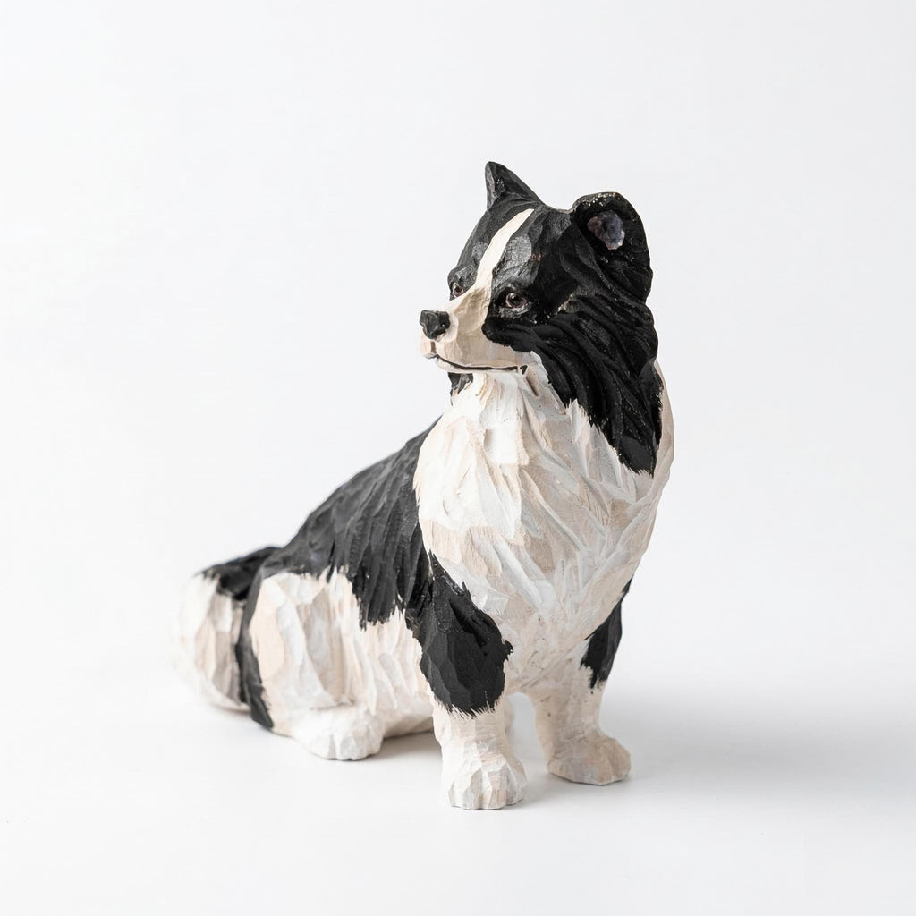 Hand-Carved Wooden Border Collie Figurine, Black and White Dog Sculpture, Rustic Pet Memorial Gift, Dog Lover Home Decor