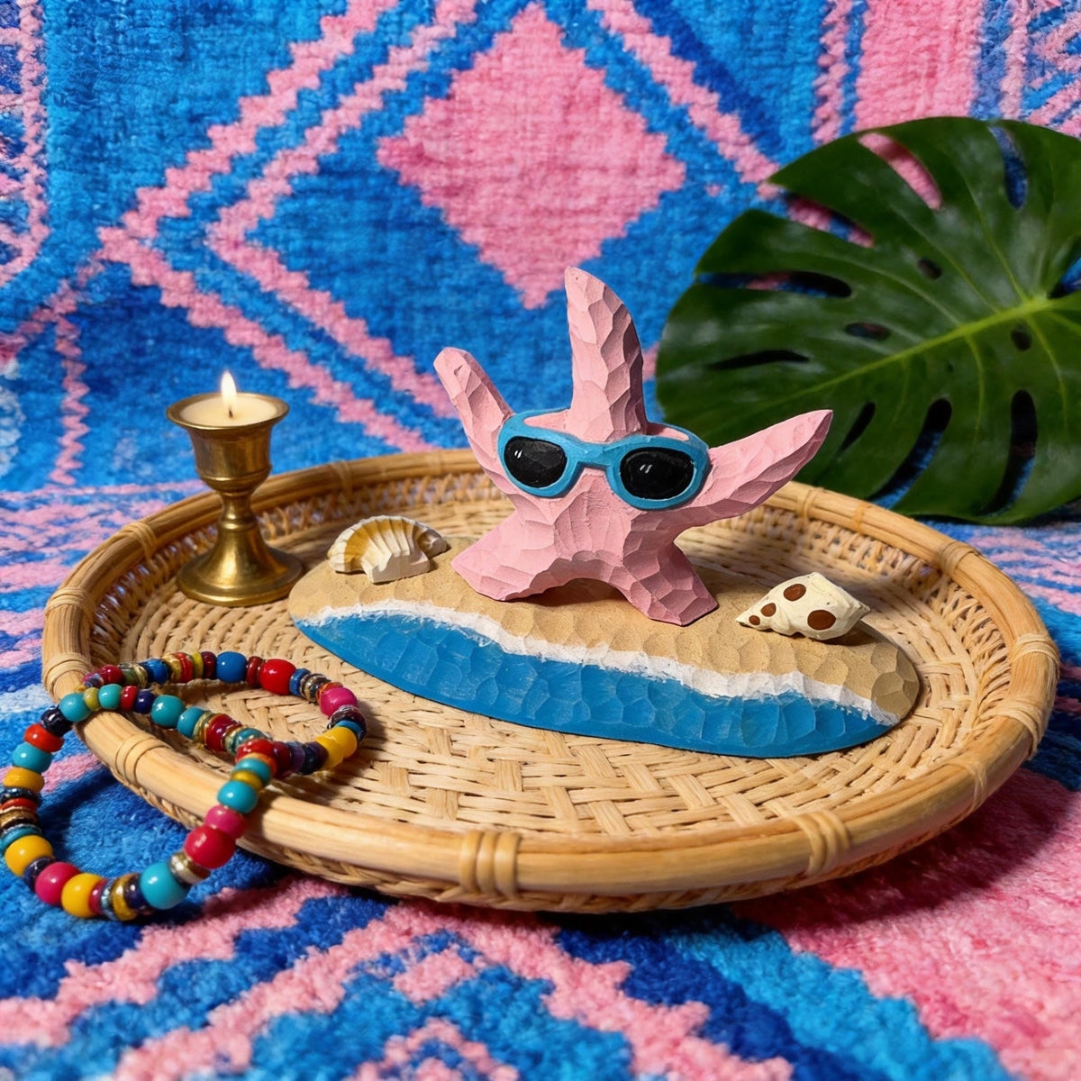 Whimsical Pink Starfish Wood Carving, Beach House Decor, Sunglasses Starfish Figurine, Coastal Shelf Decor, Unique Summer Lover Gift