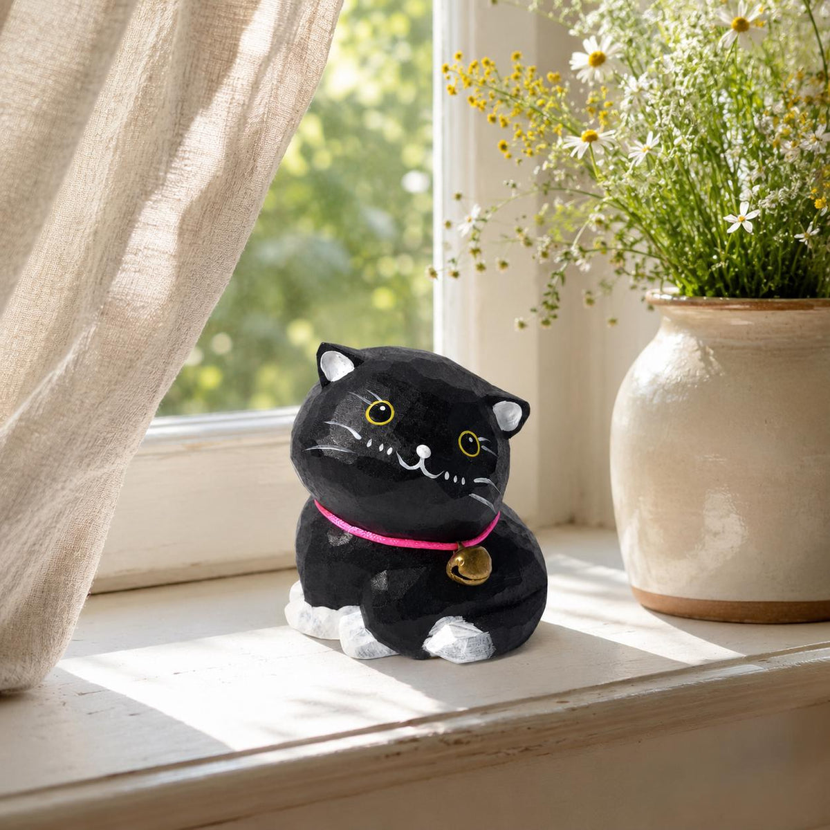 Whimsical Black Cat Wood Carving, Wooden Tuxedo Kitten Figurine, Hand Carved Pet Decor, Cute Desk Pet, Cat Lover Gift Idea