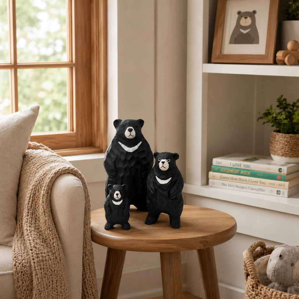 Hand Carved Wood Black Bear Family Set Rustic Woodland Nursery Decor New Mom Gift