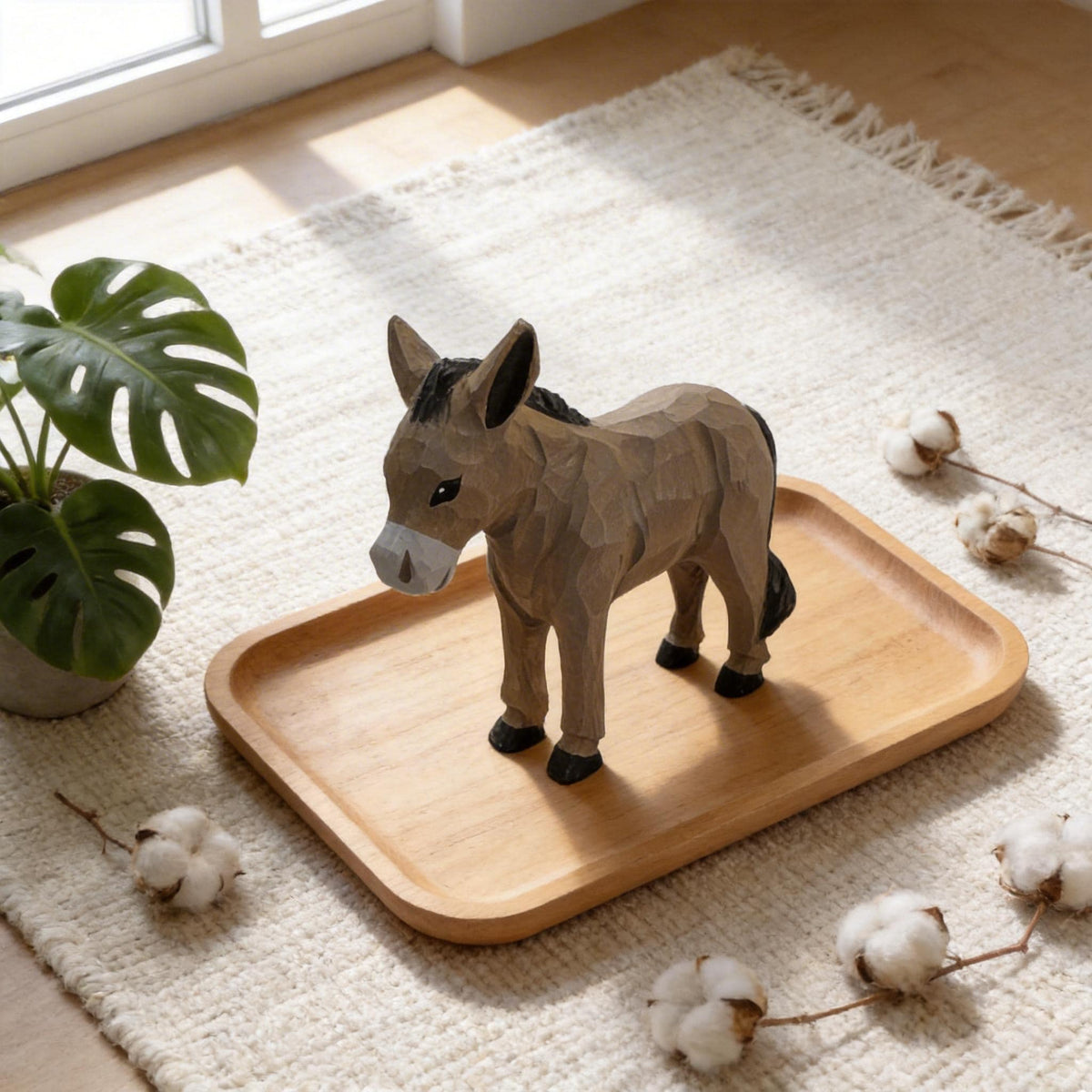 Whimsical Hand Carved Wooden Donkey Figurine, Rustic Farmhouse Decor, Miniature Wood Animal Sculpture, Unique Gift for Animal Lovers