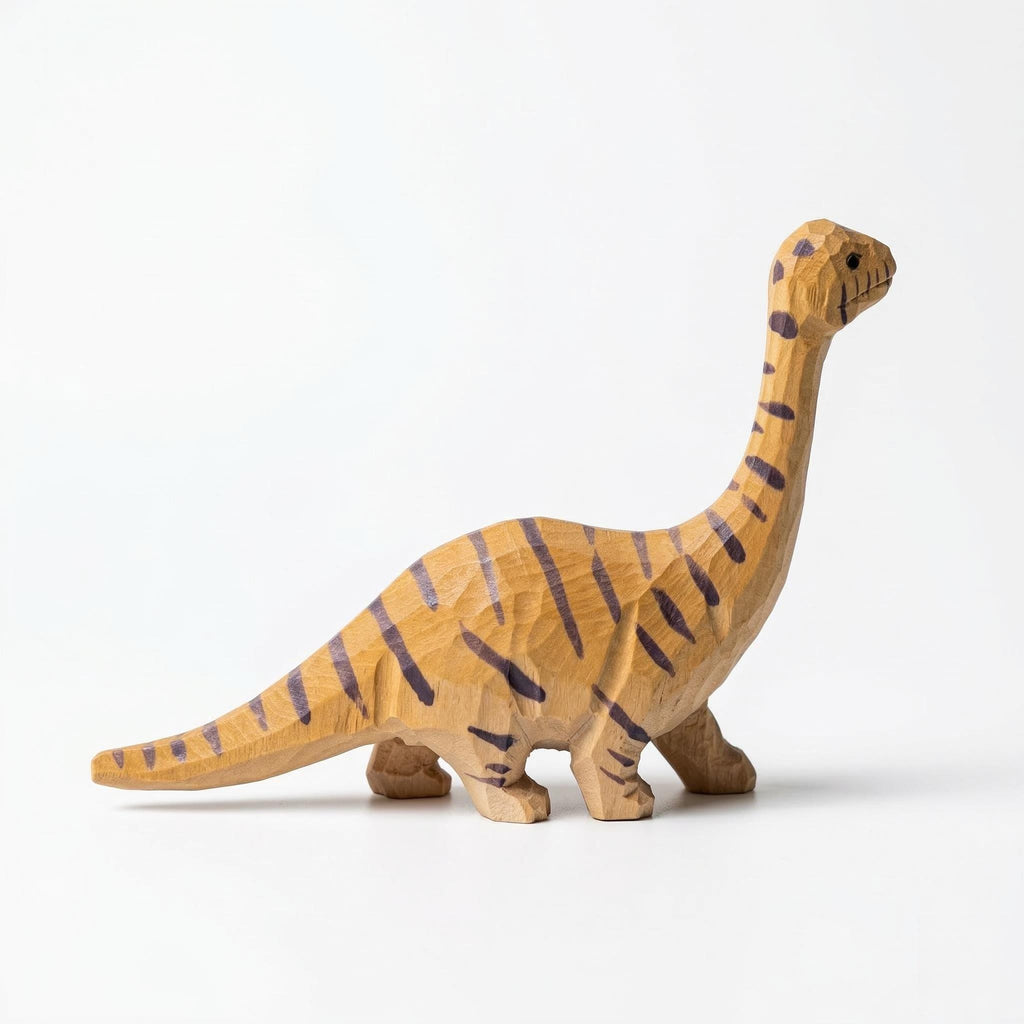 Hand Carved Wooden Brontosaurus Figurine Striped Dinosaur Nursery Decor Whimsical Desk Accessory Unique Birthday Gift for Dino Lover