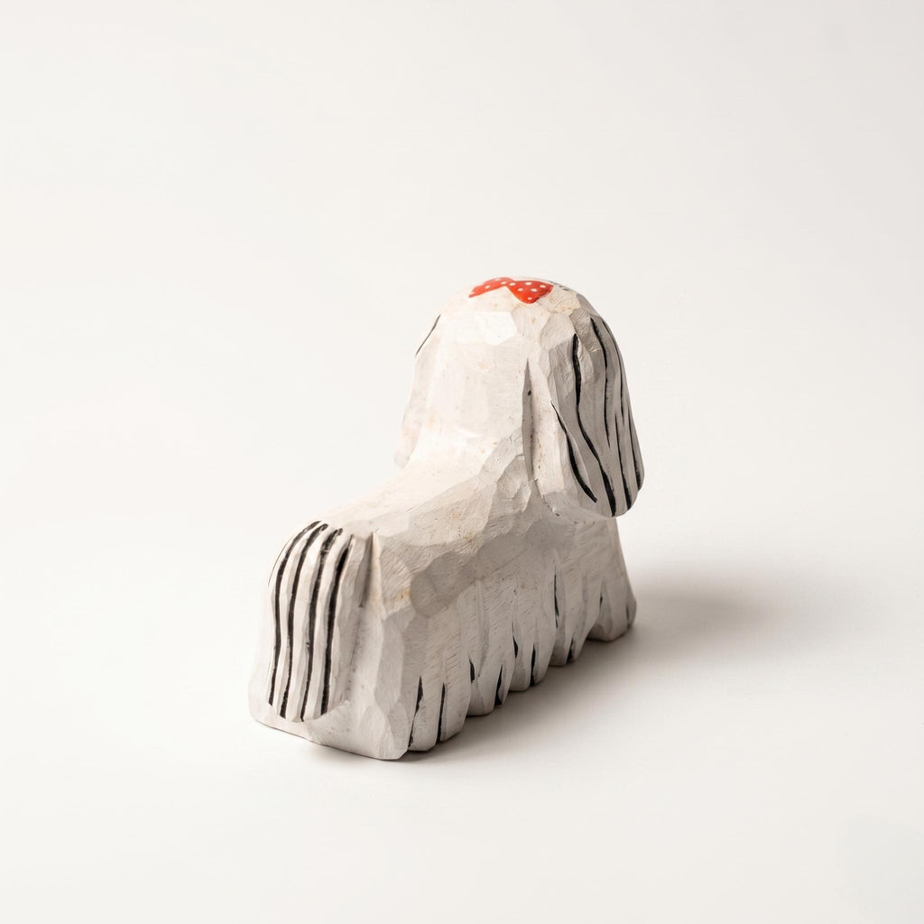 Whimsical Hand-Carved Wooden Dog Figurine White Maltese Shih Tzu Statue Rustic Pet Decor Unique Dog Lover Gift Handmade Animal Art