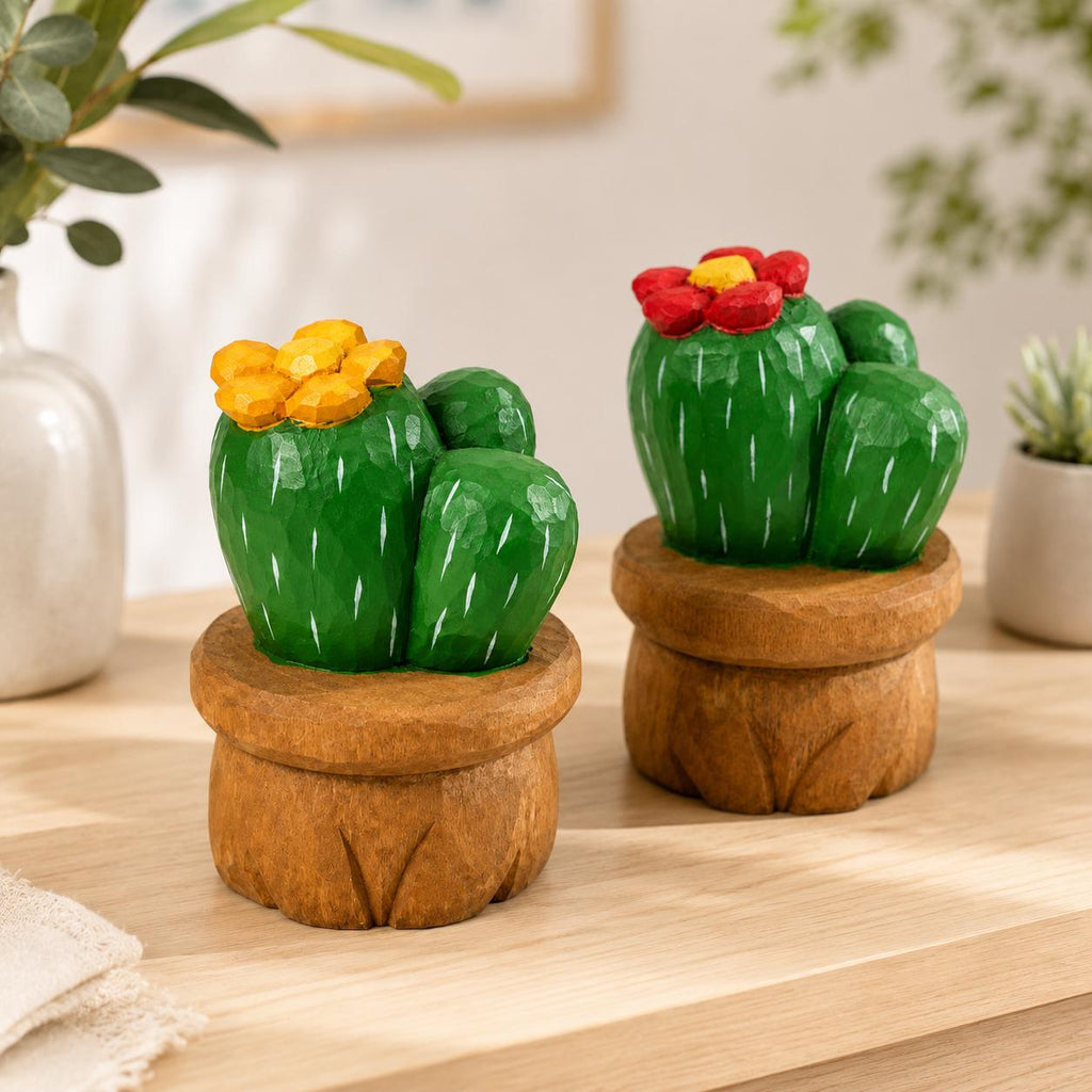 Hand Carved Wooden Cactus in Pot | Painted Succulent Figurine with Flower | Desert Plant Desk Decor | Unique Plant Lover Gift