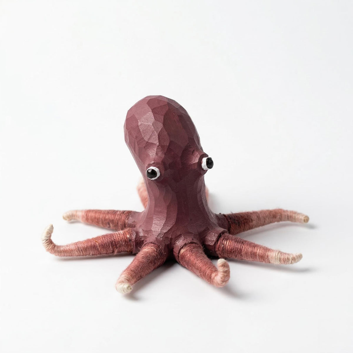Whimsical Carved Wooden Octopus Figurine, Coastal Yarn Tentacle Sea Creature Decor, Quirky Nautical Desk Accessory, Ocean Lover Gift Idea