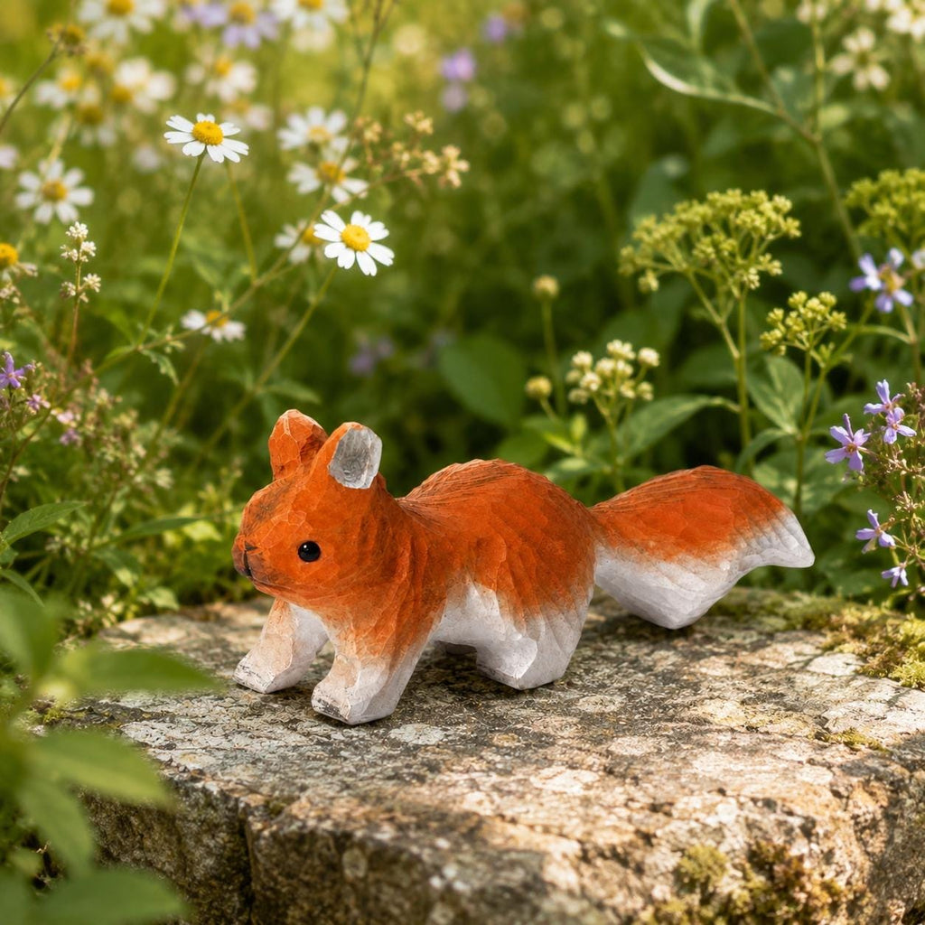 Playful Red Squirrel Wood Carving Rustic Forest Animal Figurine Handcrafted Nature Lover Decor Unique Woodland Gift for Kids