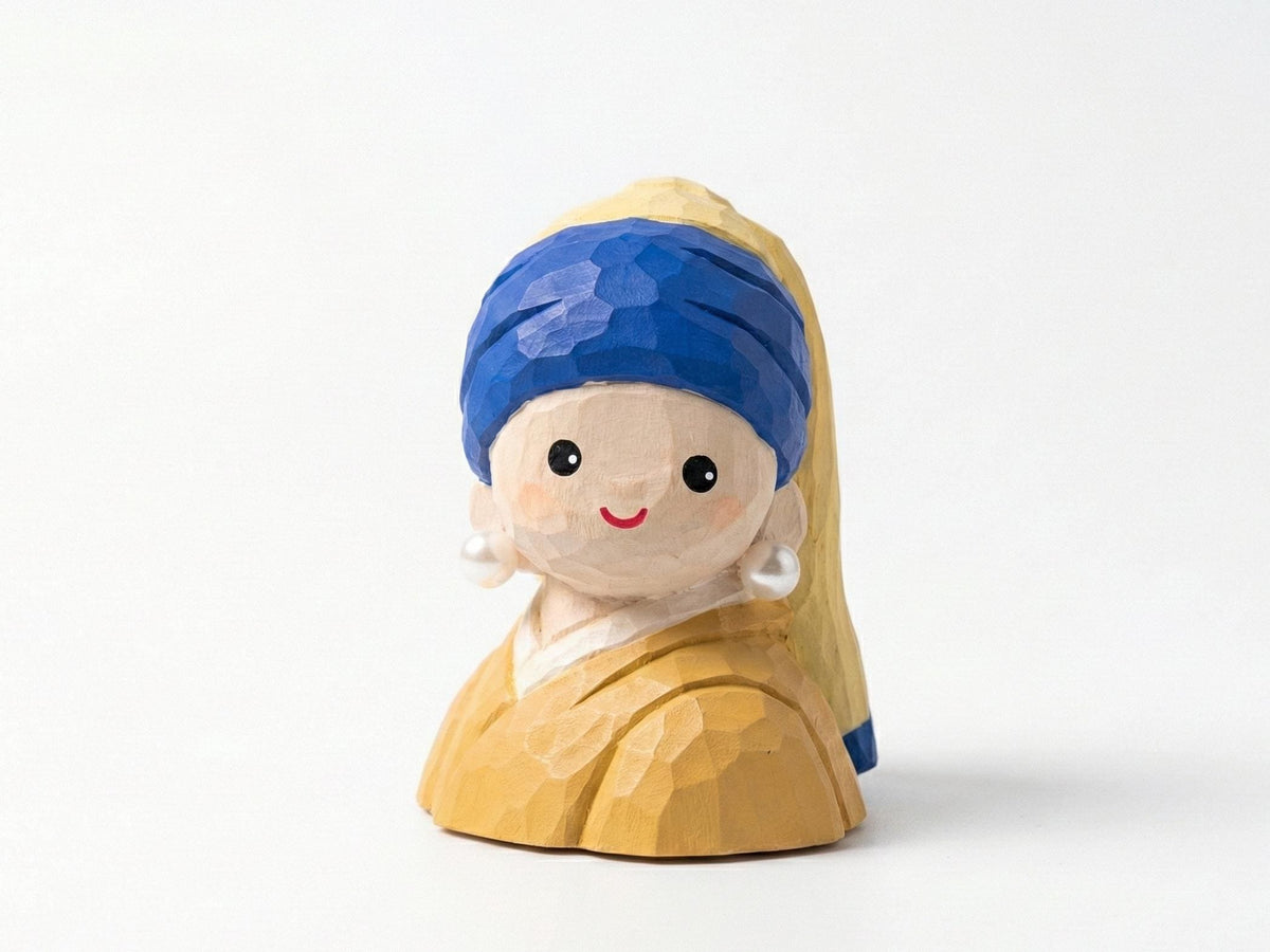 Handmade Wooden Girl with a Pearl Earring Figurine, Dutch Painting Inspired Wood Sculpture, Art Decor