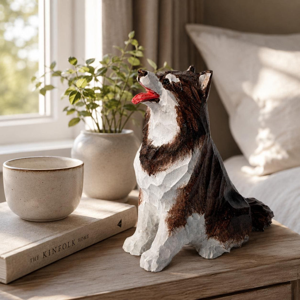 Cheerful Wooden Husky Figurine Hand Carved Dog Statue Rustic Pet Memorial Desk Decor Dog Lover Gift
