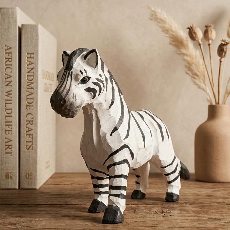 Hand-Carved Zebra Wood Figurine, Whimsical African Safari Decor, Minimalist Animal Sculpture, Unique Gift for Animal Lovers & Kids