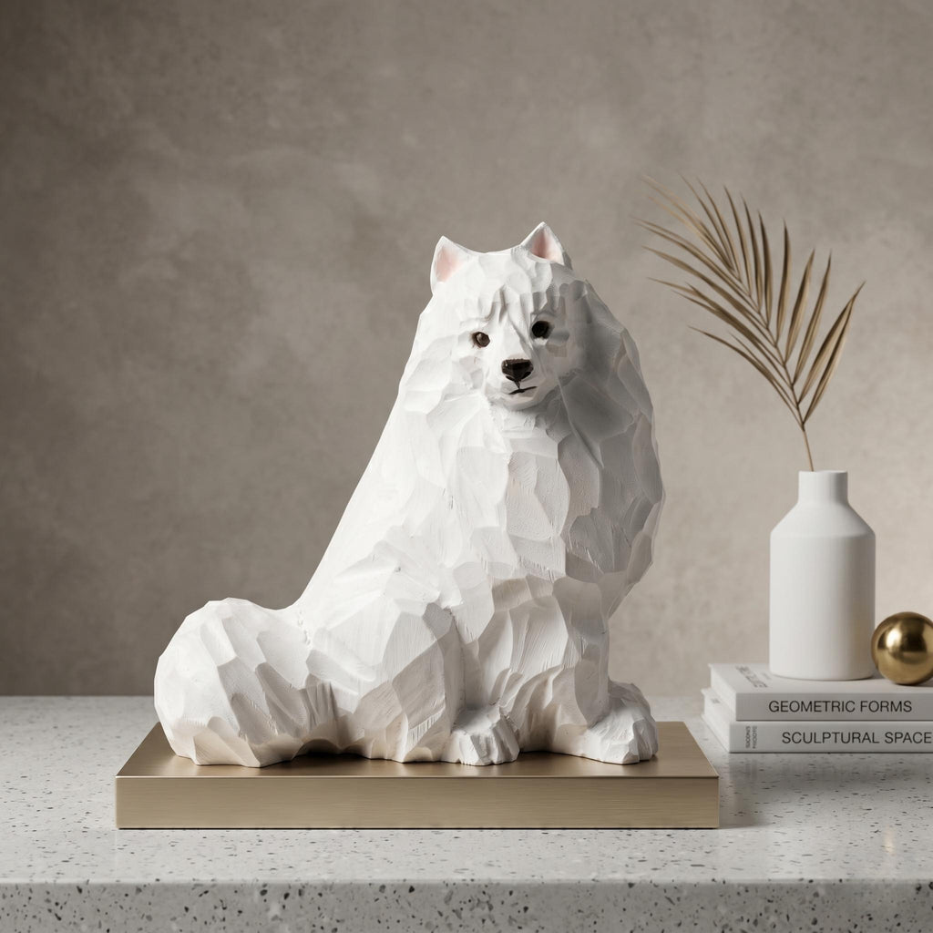 Whimsical White Samoyed Wood Carving Geometric Fluffy Dog Figurine Minimalist Pet Memorial Unique Gift for Dog Lovers Desk Decor