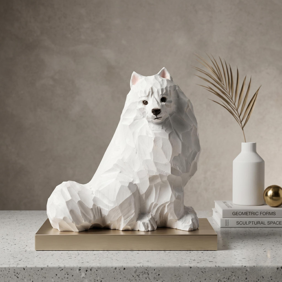 Whimsical White Samoyed Wood Carving Geometric Fluffy Dog Figurine Minimalist Pet Memorial Unique Gift for Dog Lovers Desk Decor