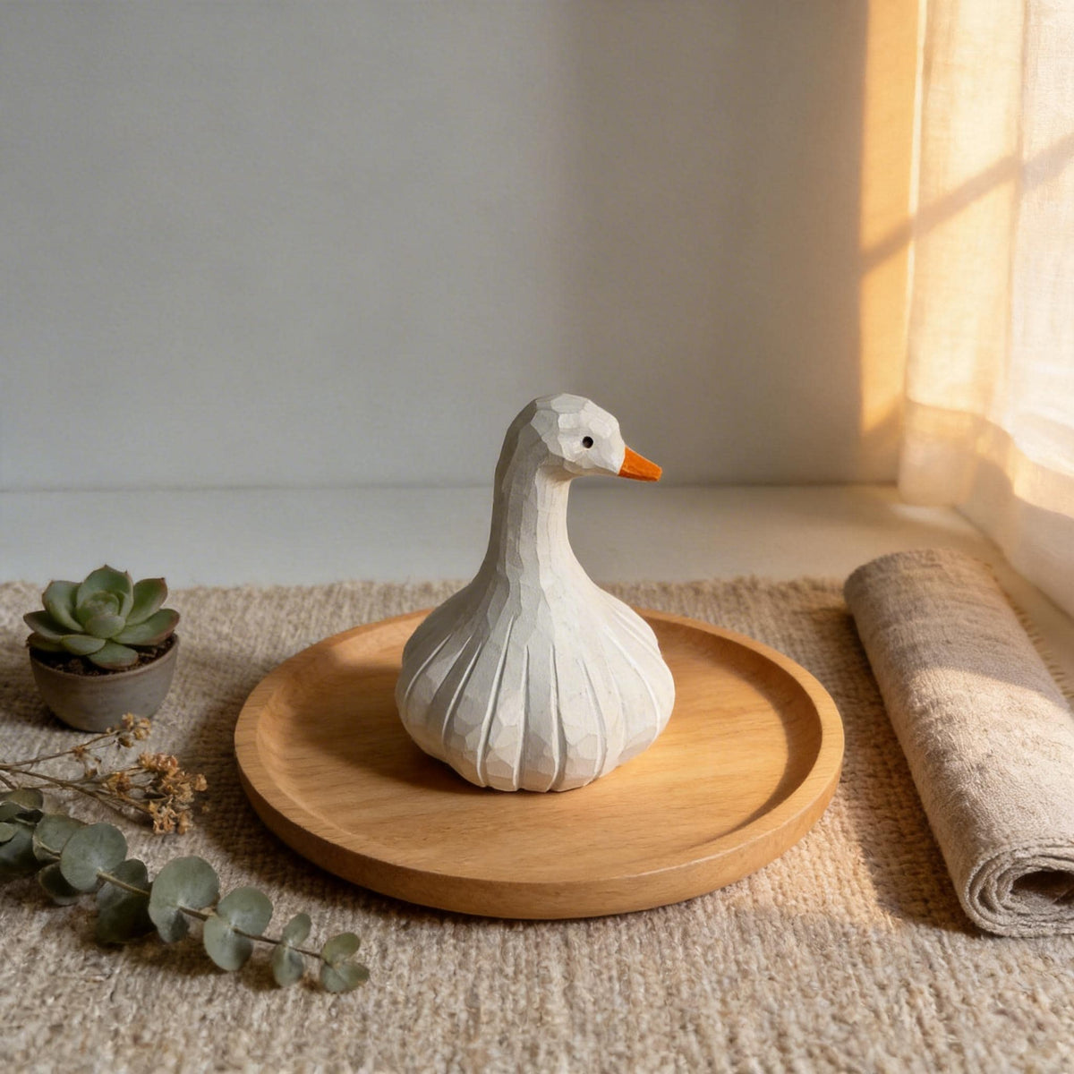 Whimsical Hand-Carved Wooden Goose Figurine, Rustic White Bird Sculpture, Farmhouse Kitchen Decor, Quirky Garlic Goose Art