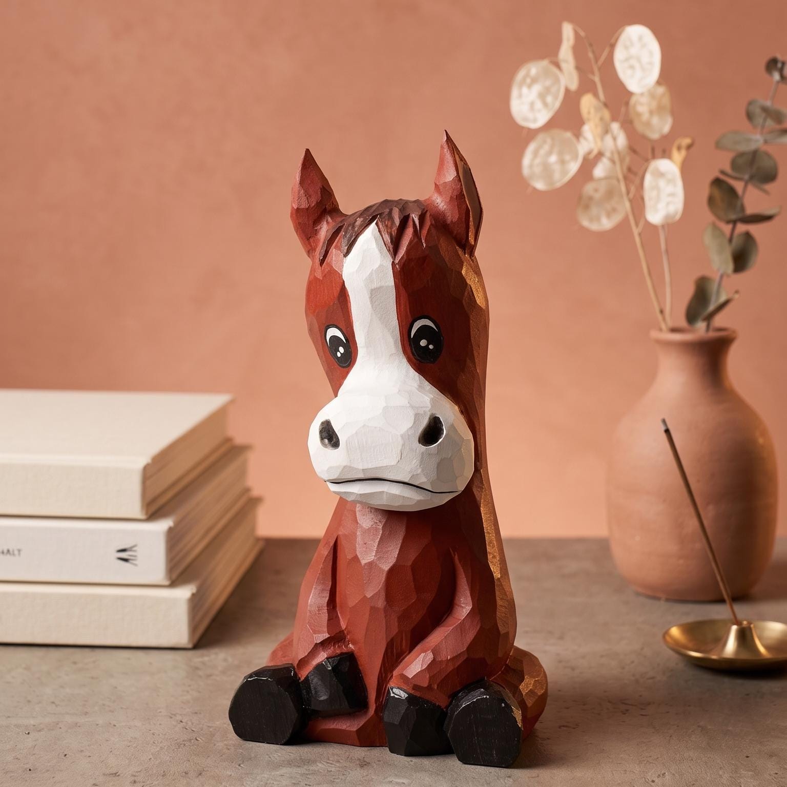 Cute Sitting Wooden Horse Figurine Hand Carved Pony Statue Rustic Nursery Decor Whimsical Animal Art Unique Gift for Horse Lover