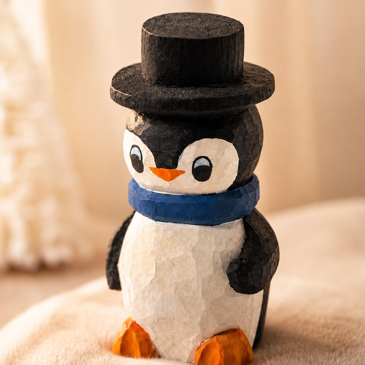 Whimsical Wooden Penguin Figurine, Hand Carved Bird, Top Hat Winter Decor, Rustic Wood Animal, Cute Christmas Gift