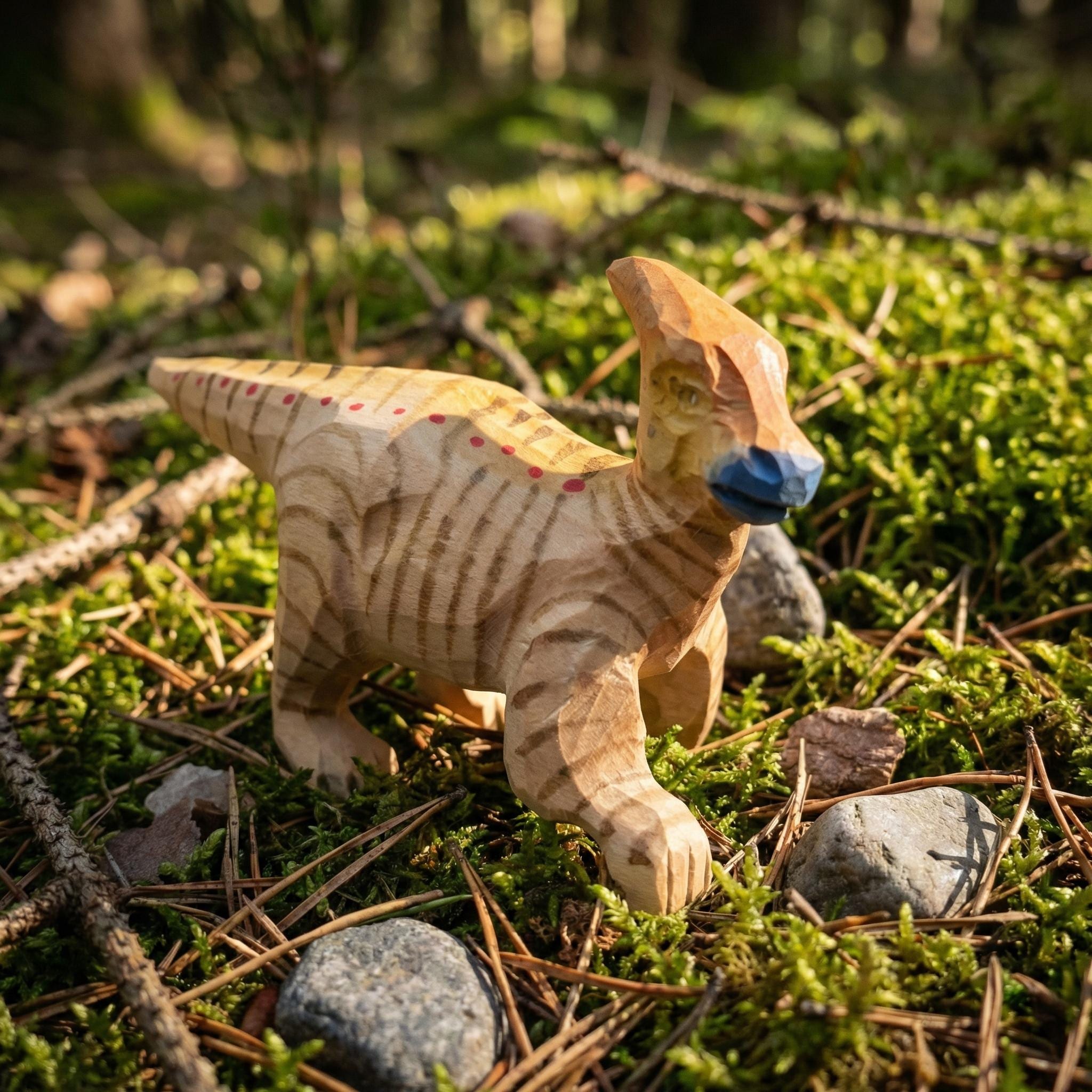 Hand-Carved Wooden Dinosaur Figurine, Parasaurolophus Wood Carving, Whimsical Nursery Decor, Rustic Animal Toy, Unique Gift for Dino Lover
