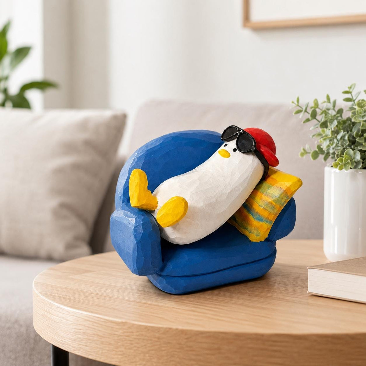 Funny Wooden Duck in Armchair Figurine, Hand Carved Chill Bird Decor, Whimsical Desk Accessory, Unique Gift for Coworker or Friend