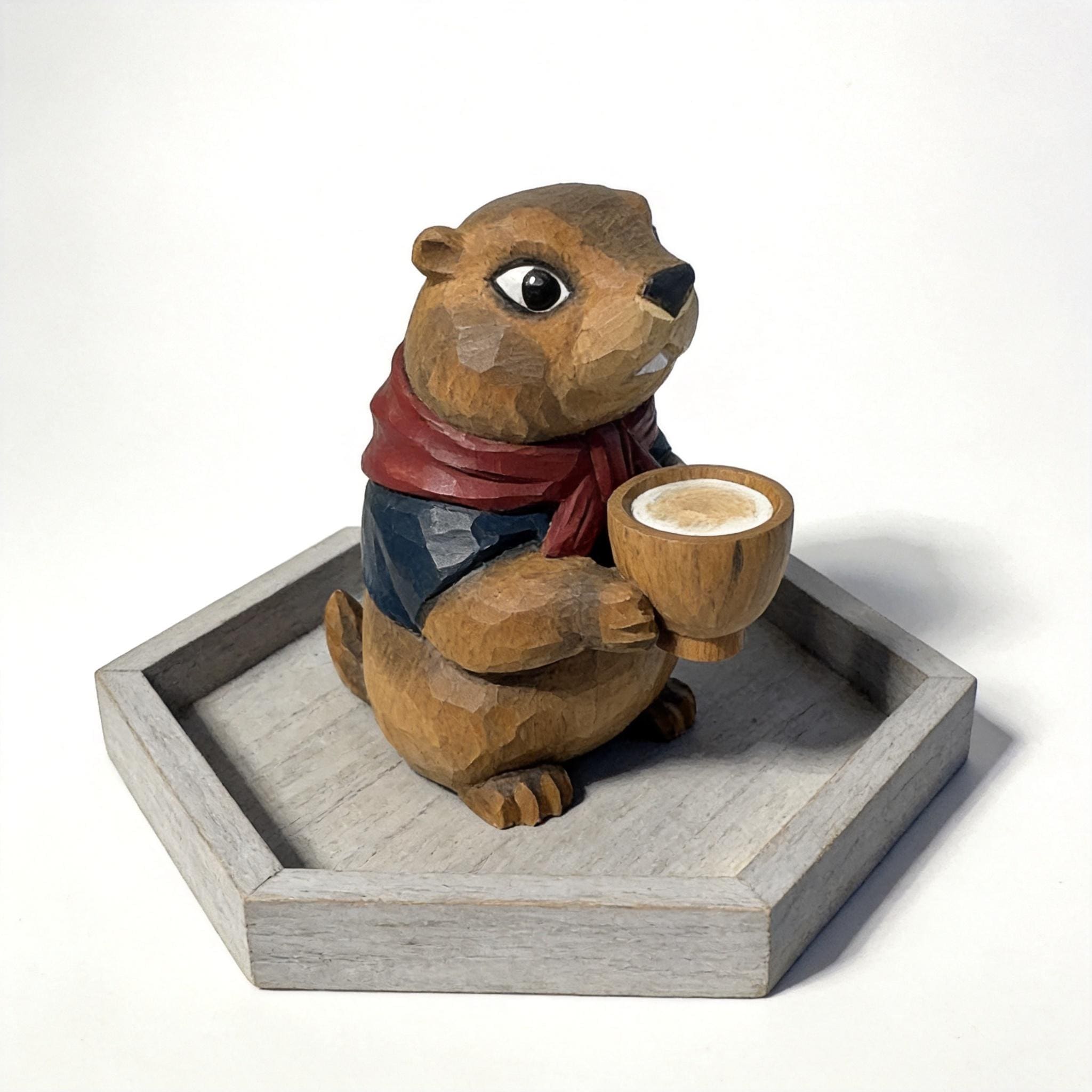 Whimsical Hand-Carved Wooden Groundhog Figurine, Cute Woodchuck Holding Bowl Decor, Cozy Woodland Animal Desk Pet, Nature Lover Gift