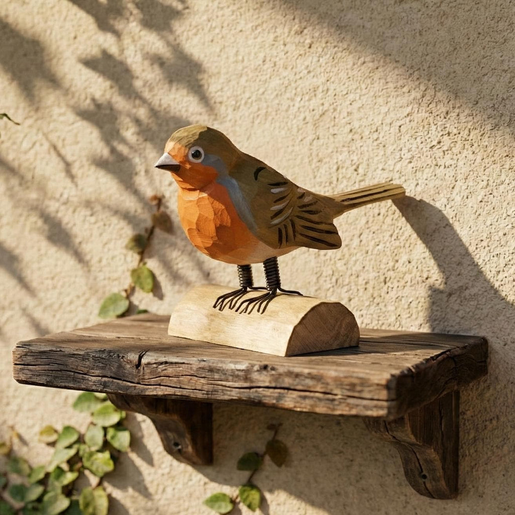 Hand-Carved Wooden Robin Figurine, Rustic Bird Decor on Log Base, Whimsical Nature Lover Gift, Woodland Animal Art, Desk Decor