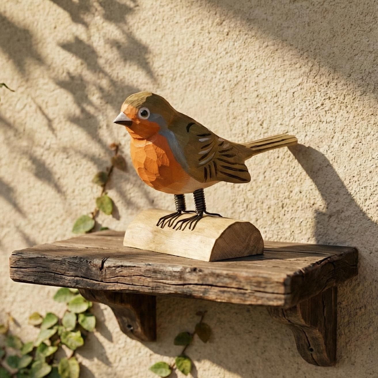 Hand-Carved Wooden Robin Figurine, Rustic Bird Decor on Log Base, Whimsical Nature Lover Gift, Woodland Animal Art, Desk Decor