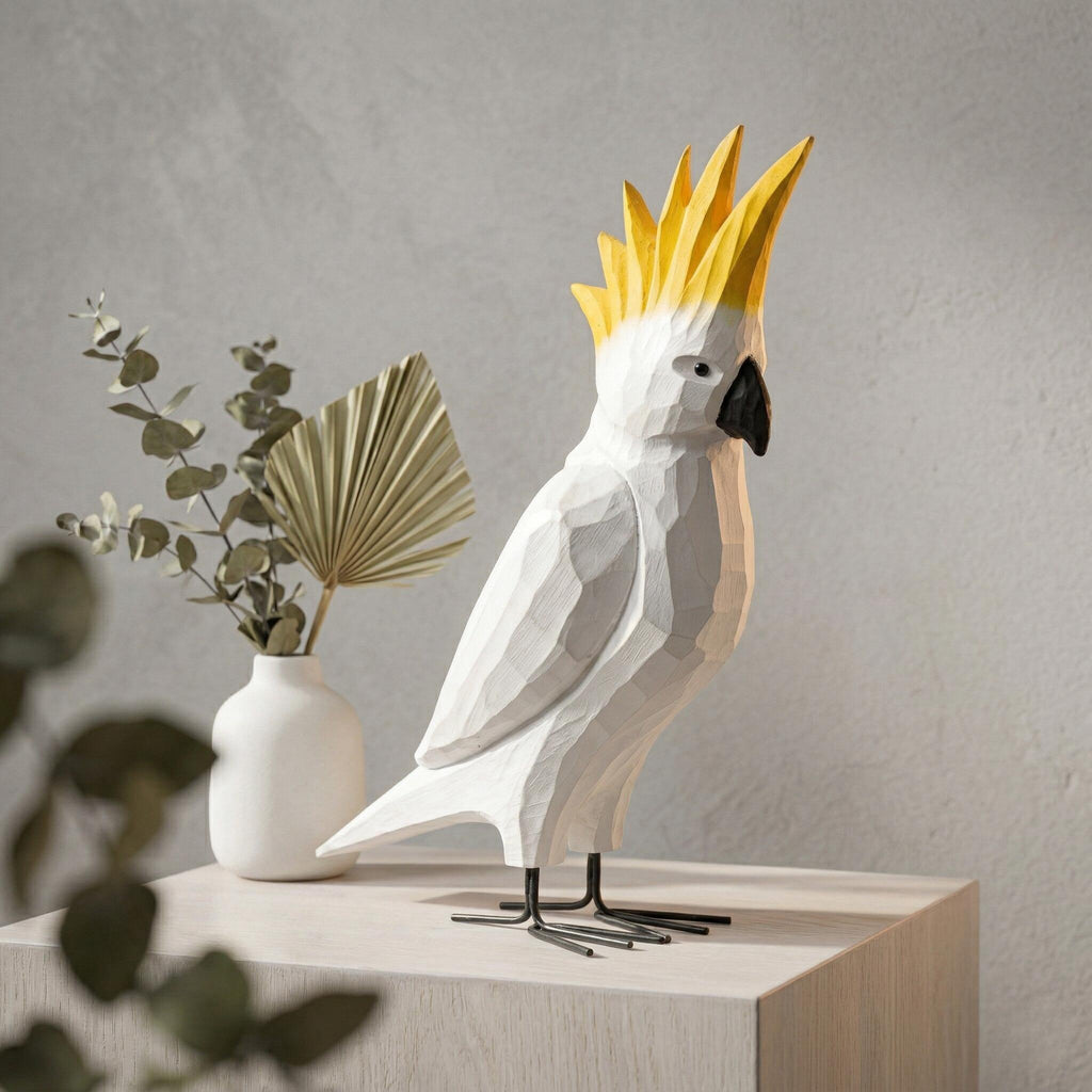 Whimsical Hand-Carved Wooden Cockatoo Figurine | Geometric Tropical Bird Sculpture | Modern Coastal Decor | Unique Gift for Bird Lovers