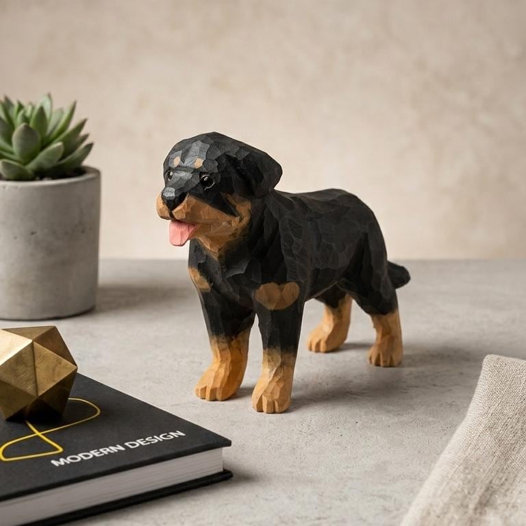 Hand-Carved Wooden Rottweiler Figurine – Realistic Hand-Painted Dog Sculpture