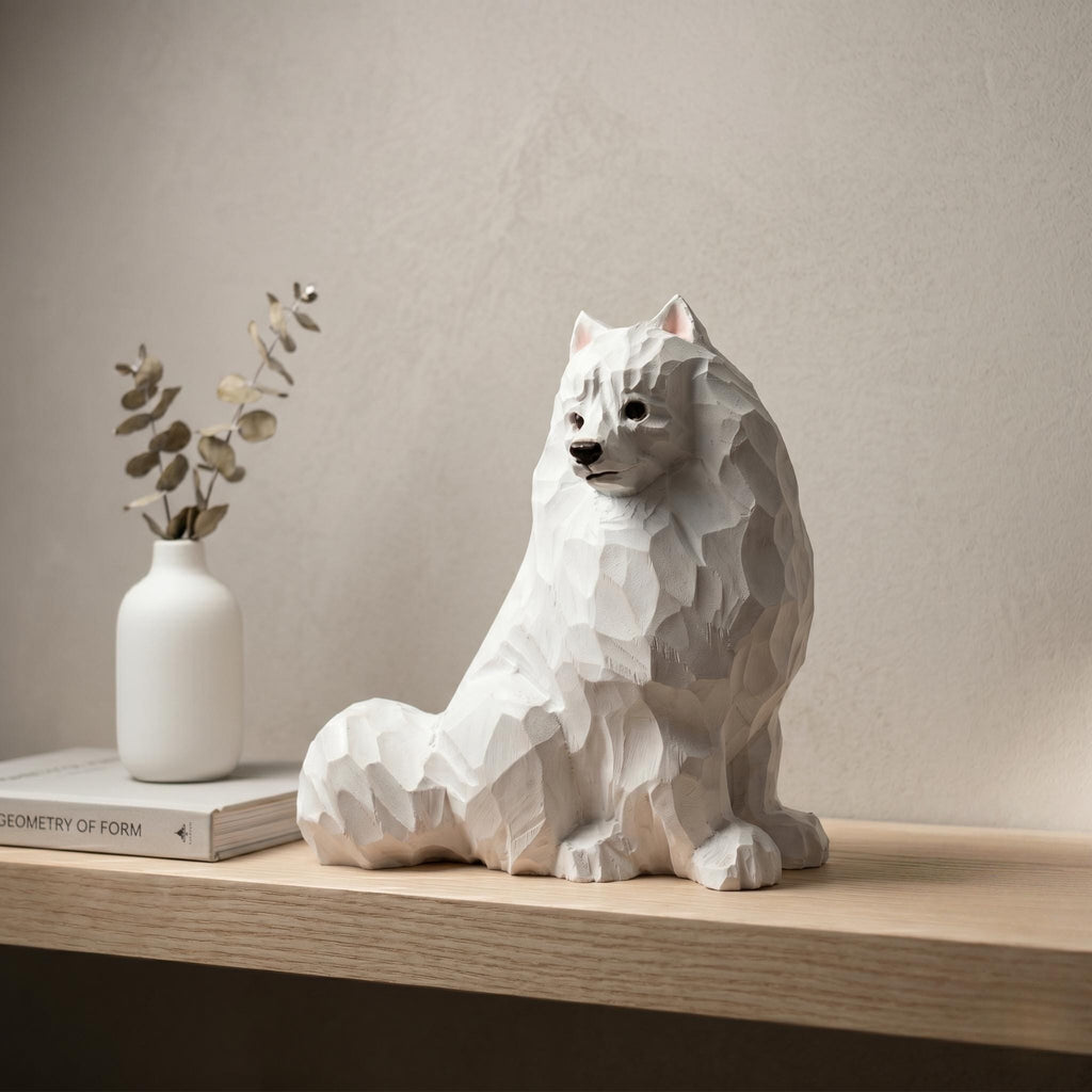 Whimsical White Samoyed Wood Carving Geometric Fluffy Dog Figurine Minimalist Pet Memorial Unique Gift for Dog Lovers Desk Decor