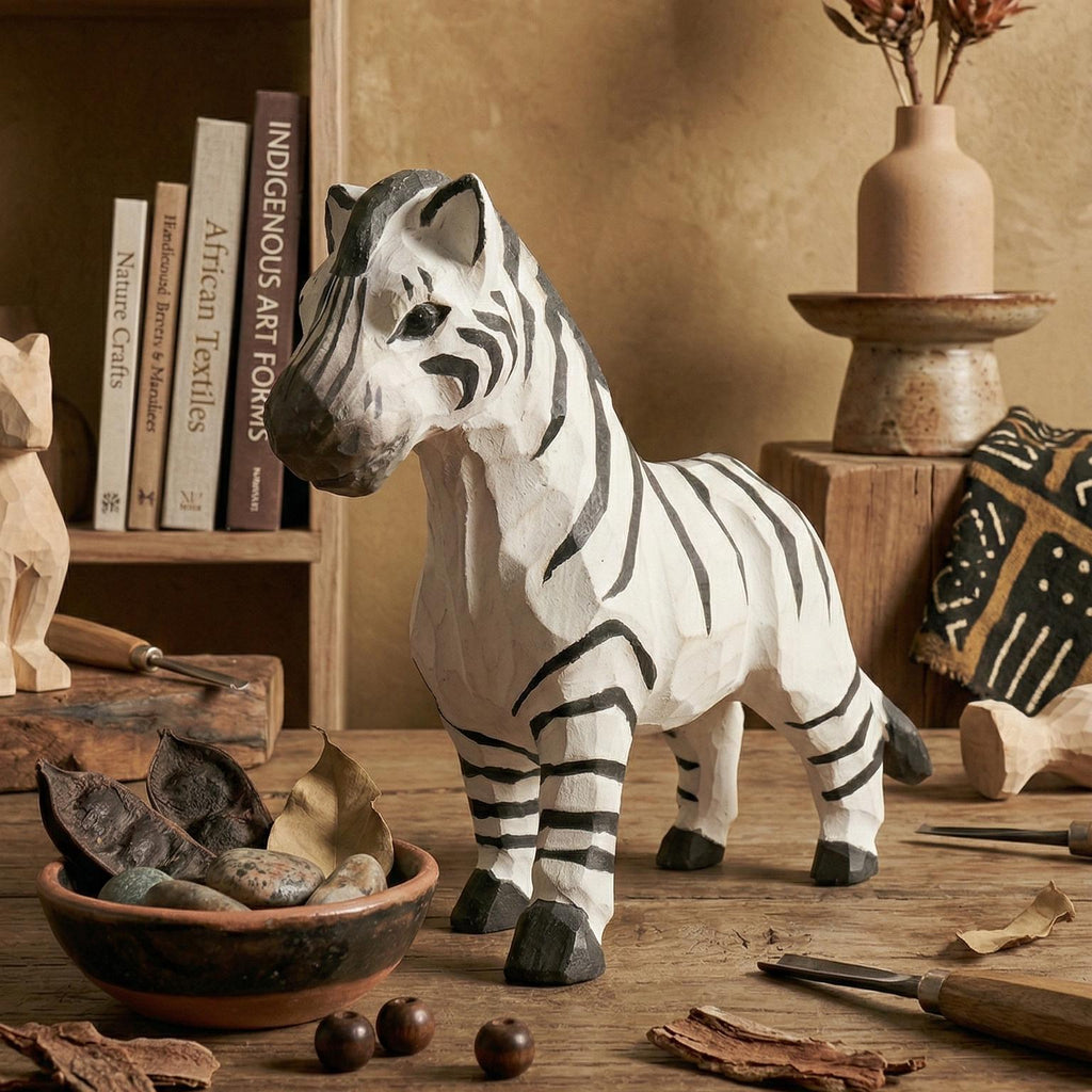 Hand-Carved Zebra Wood Figurine, Whimsical African Safari Decor, Minimalist Animal Sculpture, Unique Gift for Animal Lovers & Kids