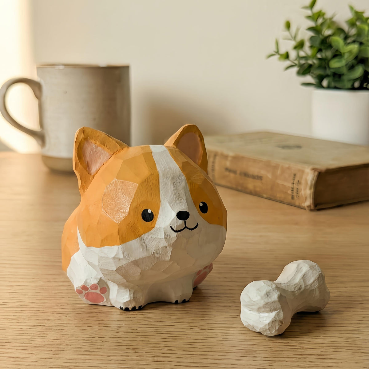 Wooden Corgi Figurine with Bone, Miniature Dog Statue, Whimsical Desk Decor, Corgi Lover Gift