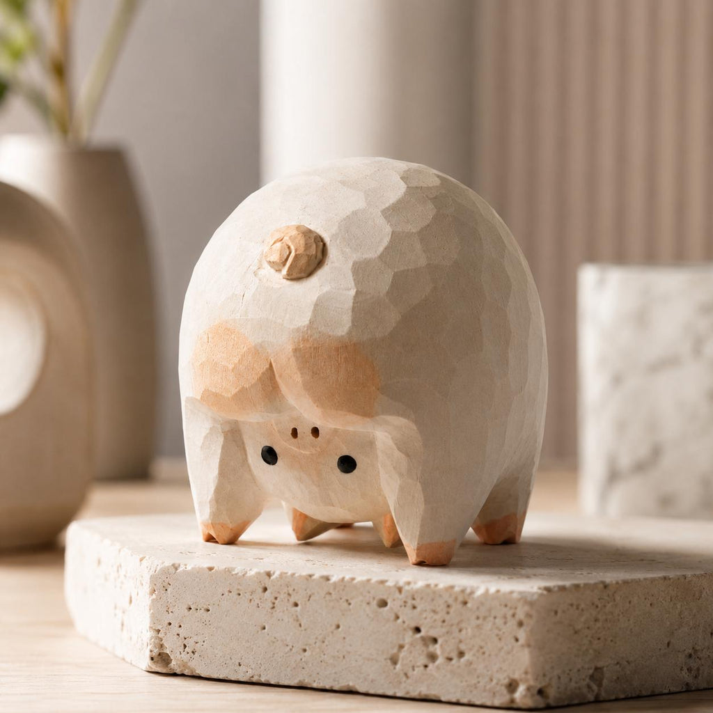 Whimsical Wooden Pig Figurine Hand Carved Animal Rustic Farmhouse Decor Cute Desk Accessory Gift for Pig Lover