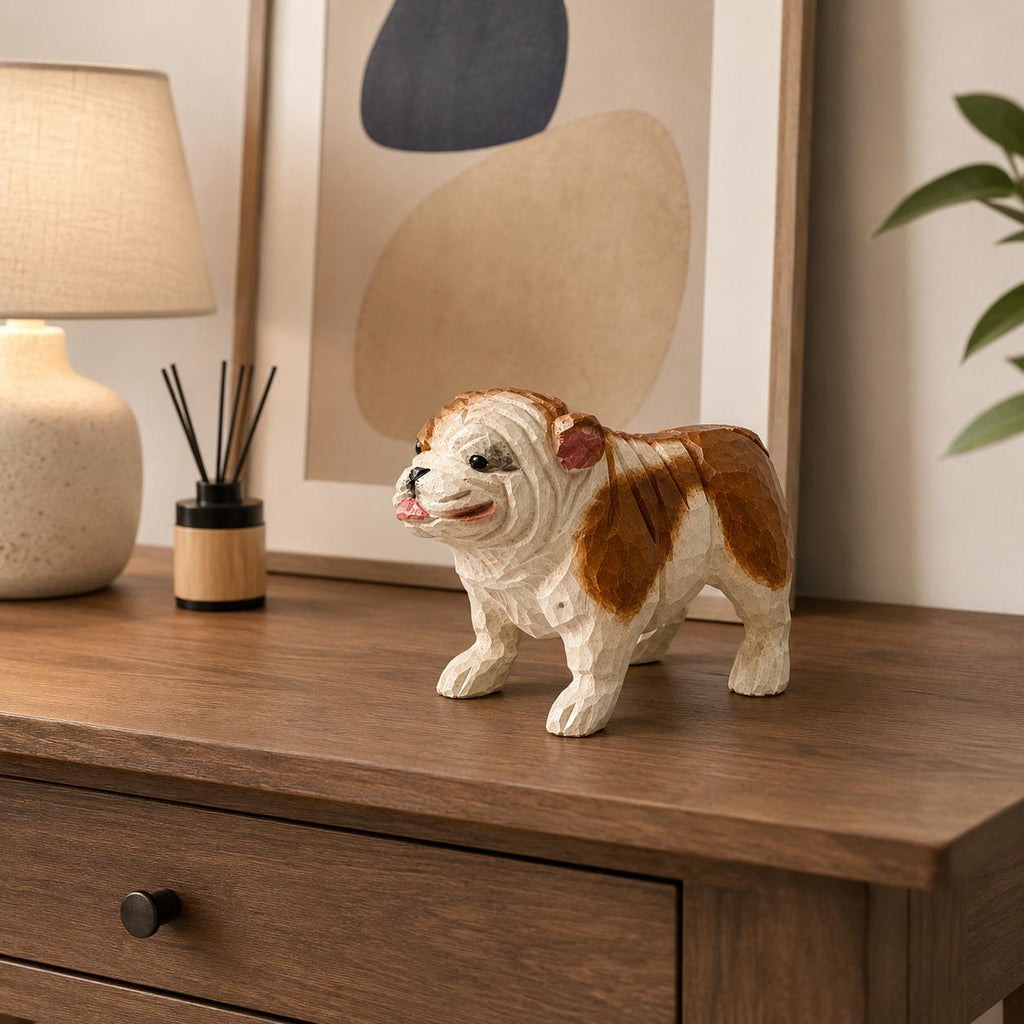 Hand-Carved Wooden Bulldog Figurine | Whimsical British Bulldog Sculpture | Chunky Desk Pet Decor | Dog Lover Gift Idea