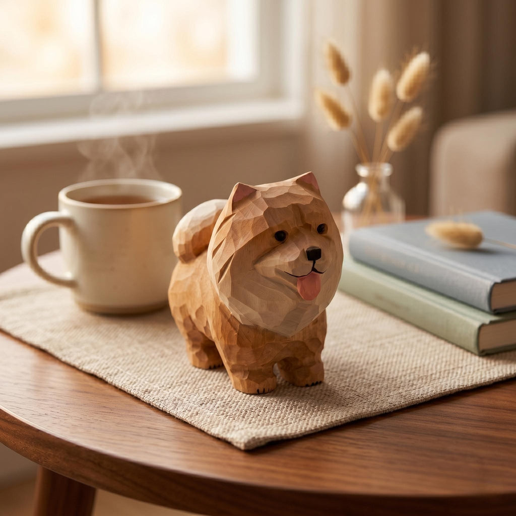 Hand Carved Wooden Pomeranian Figurine, Fluffy Dog Desktop Decor, Rustic Animal Art Sculpture, Pet Memorial Gift for Dog Lover