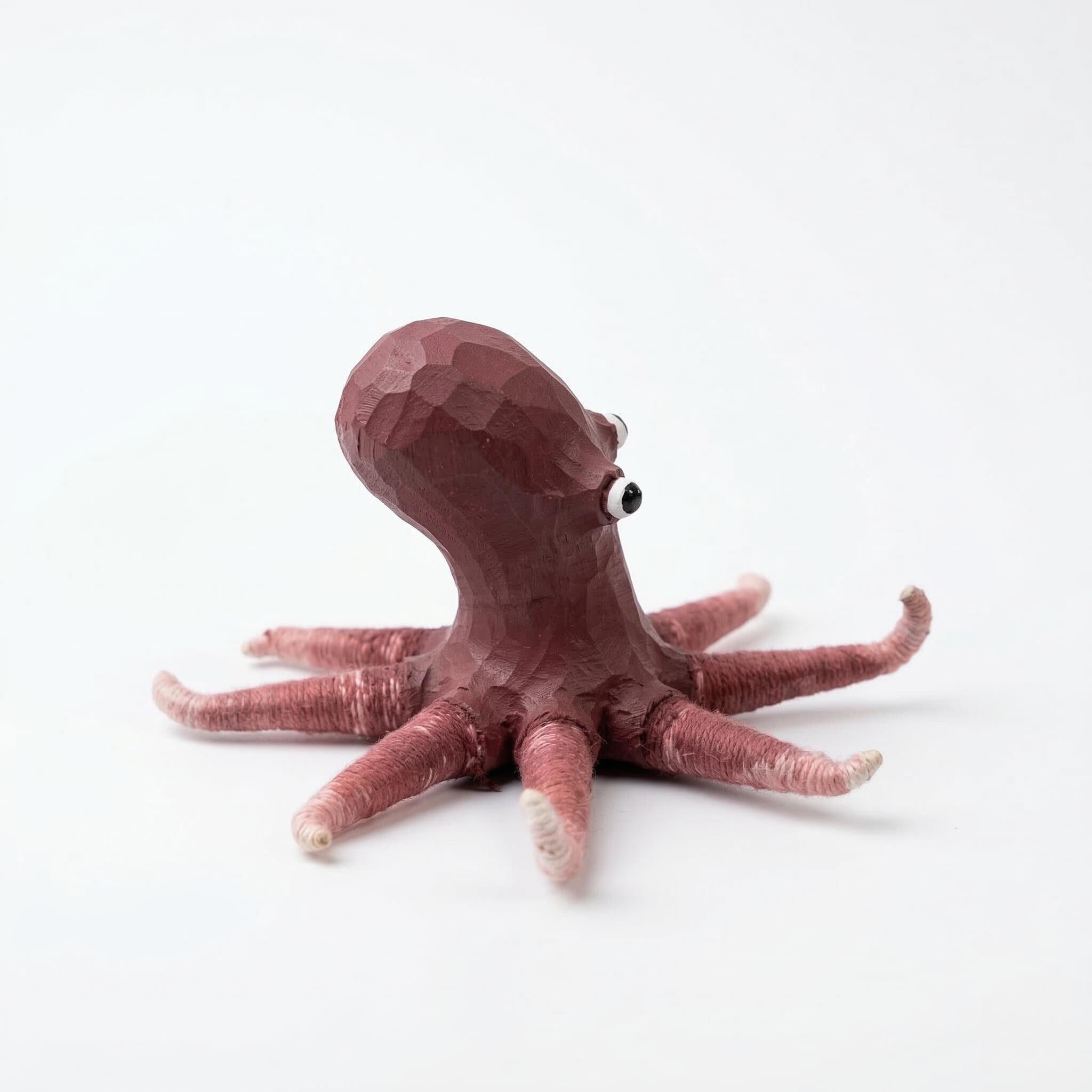Whimsical Carved Wooden Octopus Figurine, Coastal Yarn Tentacle Sea Creature Decor, Quirky Nautical Desk Accessory, Ocean Lover Gift Idea