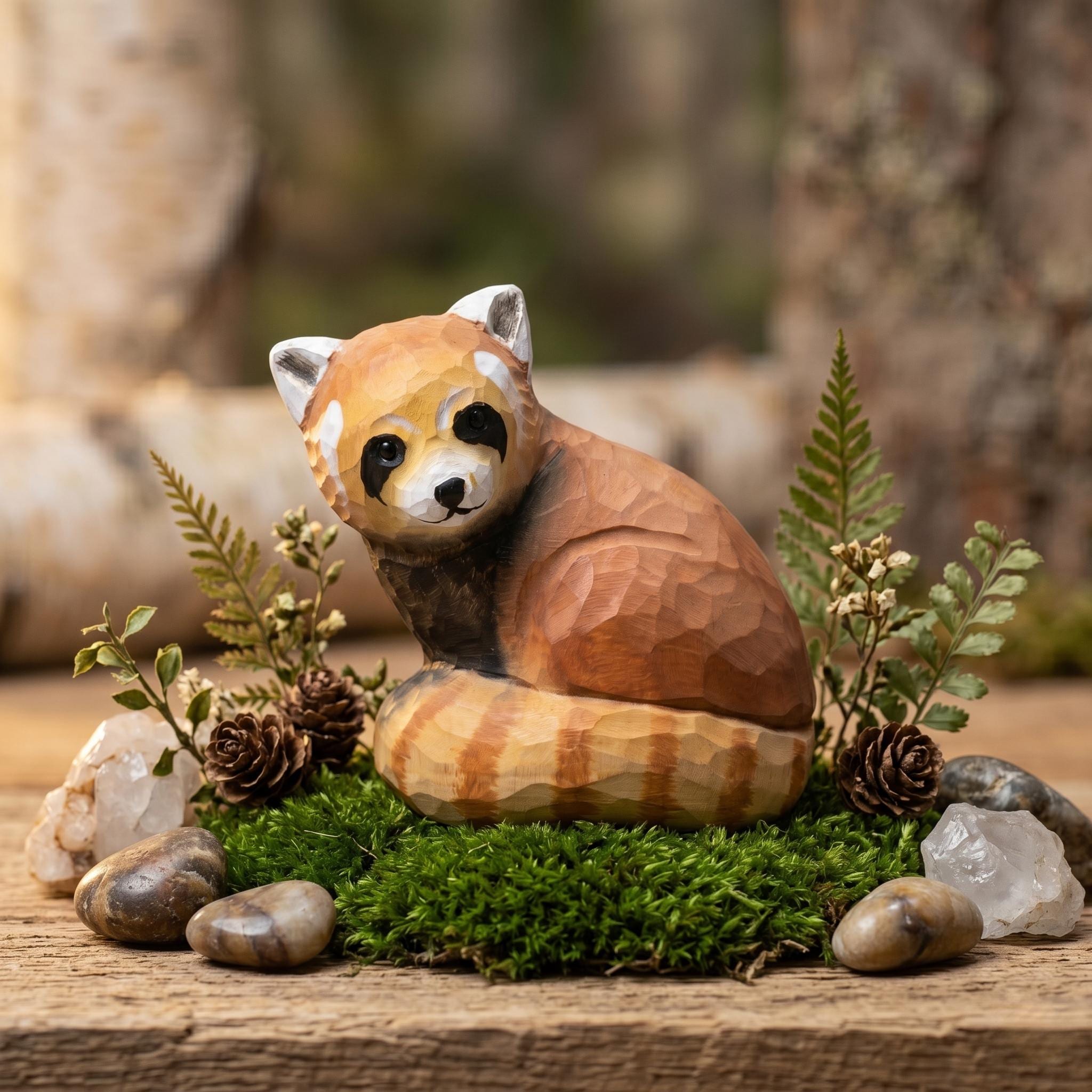 Whimsical Hand Carved Wooden Red Panda Figurine, Rustic Woodland Animal Decor, Cute Red Panda Lover Gift, Unique Wood Art Shelf Sitter