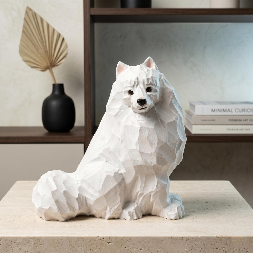 Whimsical White Samoyed Wood Carving Geometric Fluffy Dog Figurine Minimalist Pet Memorial Unique Gift for Dog Lovers Desk Decor