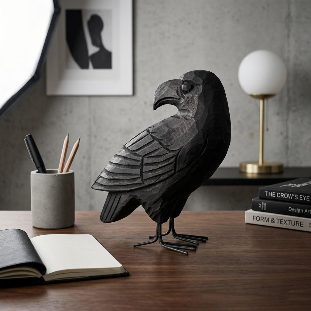 Hand Carved Black Raven Wooden Crow Figurine Rustic Bird Sculpture Gothic Home Decor Unique Wood Anniversary Gift for Nature Lover