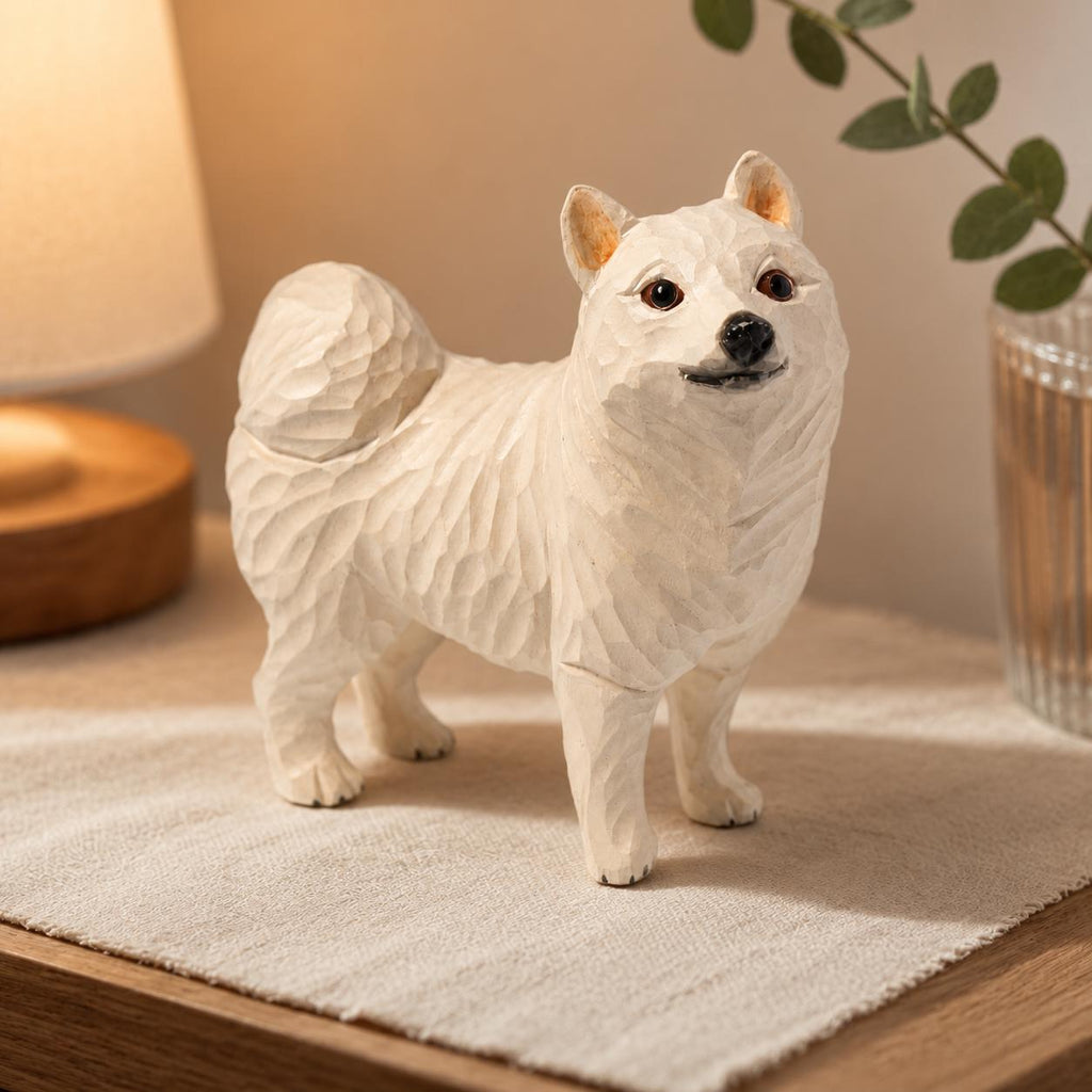 Handcarved White Spitz Dog Figurine Wooden Puppy Statue Rustic Shelf Decor Pet Memorial Gift Carved Samoyed Sculpture Dog Lover Present