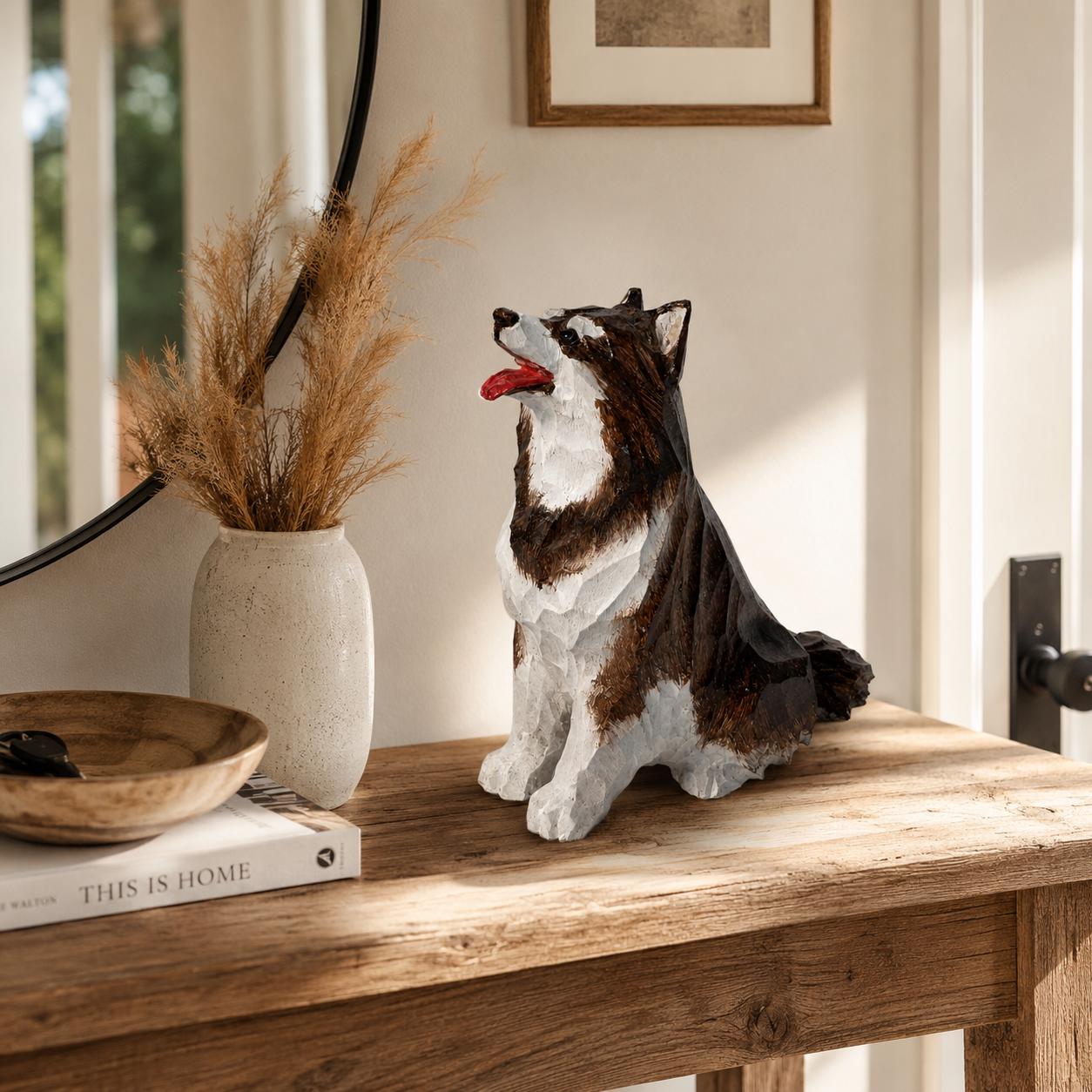 Cheerful Wooden Husky Figurine Hand Carved Dog Statue Rustic Pet Memorial Desk Decor Dog Lover Gift