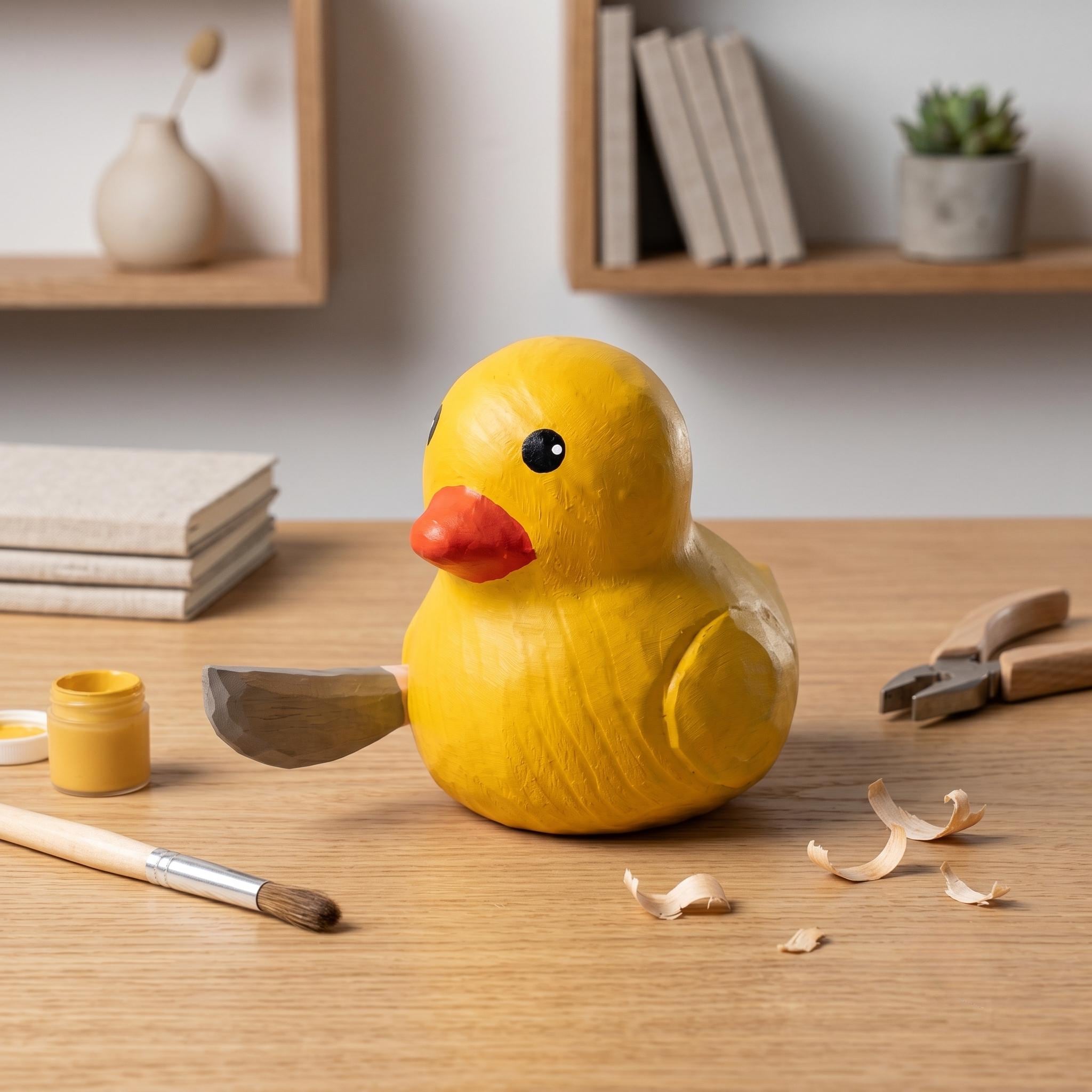 Funny Wooden Duck with Knife Figure Quirky Desk Decor Meme Wood Carving Cheeky Animal Figurine Unique Gag Gift for Co-Worker Humorous Art