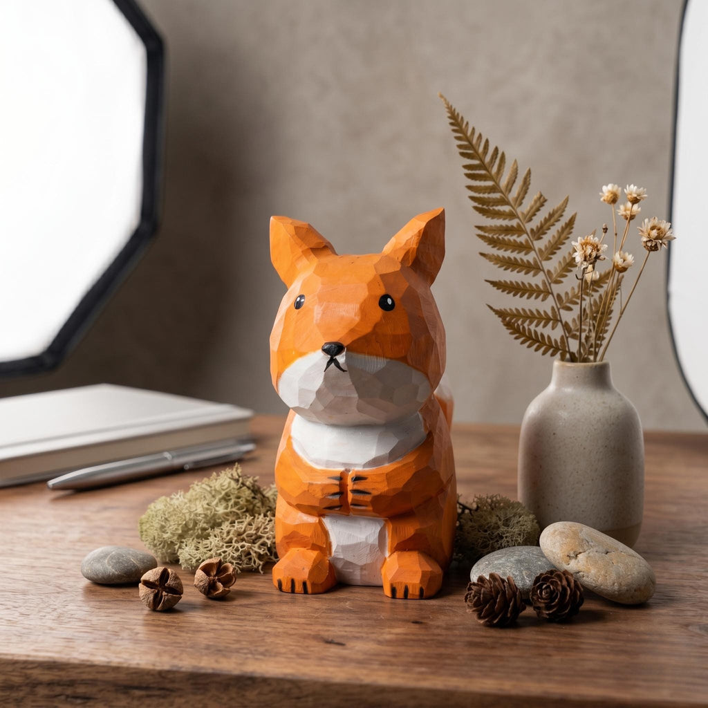 Whimsical Hand Carved Wooden Squirrel Figurine, Rustic Woodland Animal Decor, Cute Desk Accessory, Unique Gift for Nature Lovers