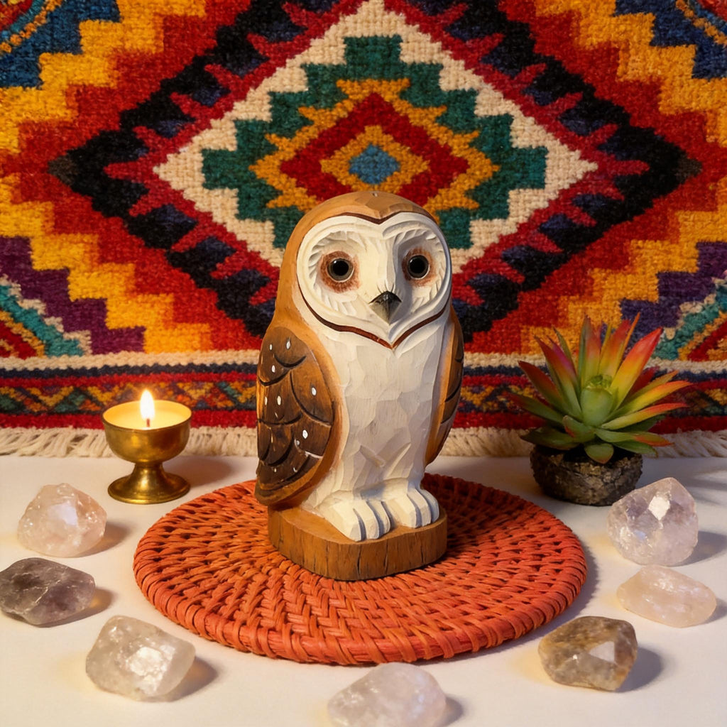 Rustic Wooden Barn Owl Hand Carved Bird Figurine Woodland Decor Unique Owl Lover Gift Hand Painted Wood Animal Statue