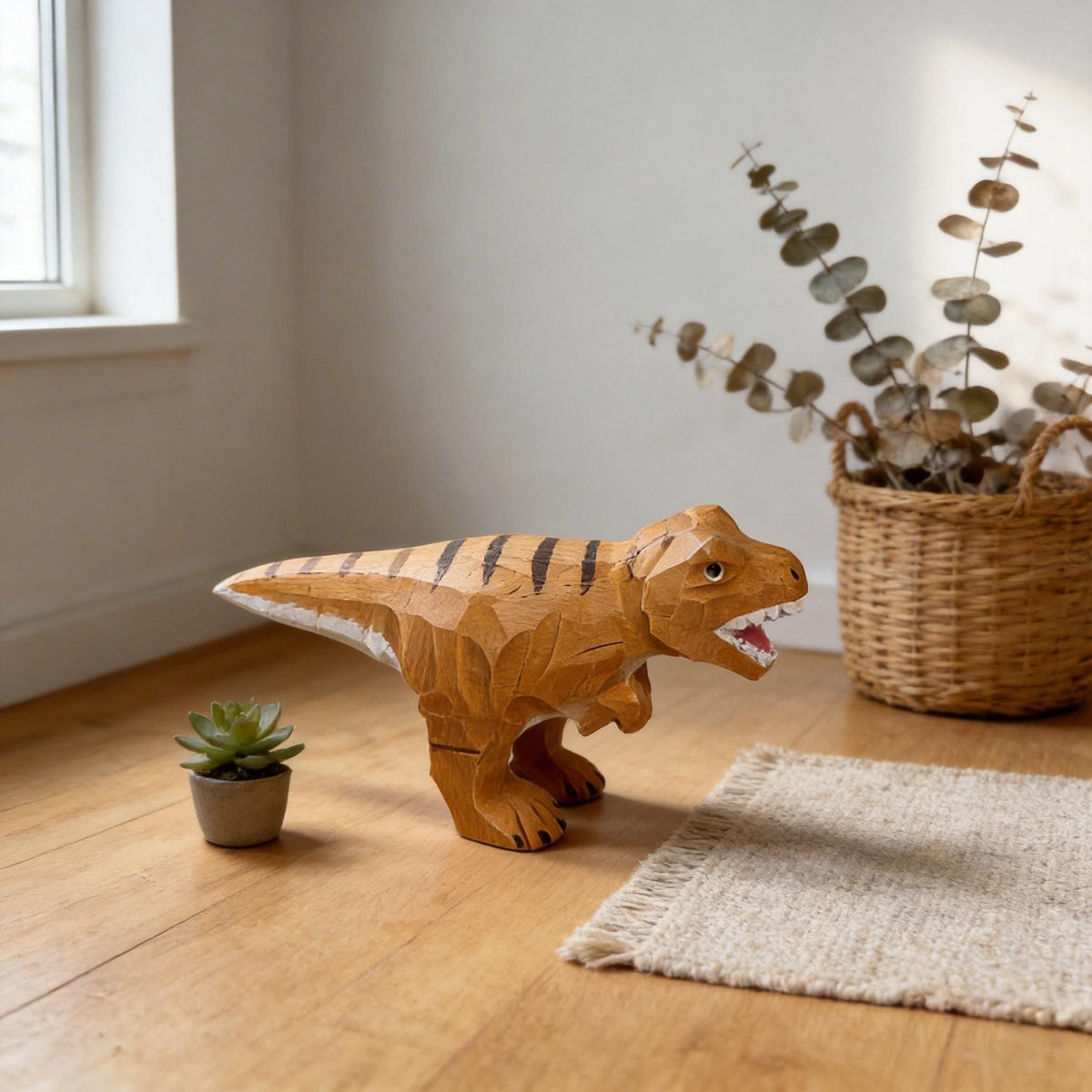 Hand-Carved Wooden T-Rex Figurine, Rustic Dinosaur Decor, Whimsical Wood Carving Art, Unique Desk Ornament, Gift for Paleontology Lovers
