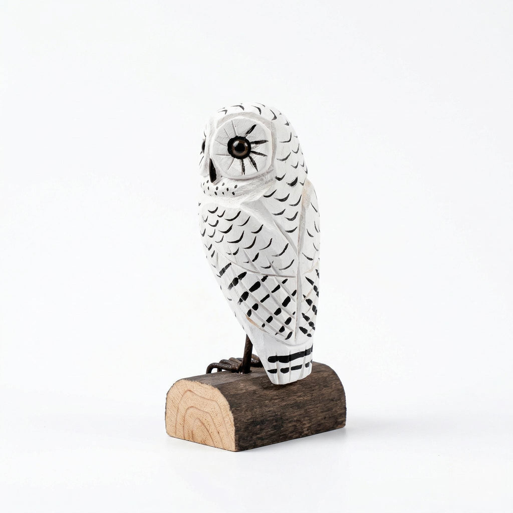 Hand Carved Wooden Snowy Owl Figurine, Rustic Woodland Bird Decor, Miniature Wood Animal Sculpture, Unique Gift for Bird Lovers Nature Fan