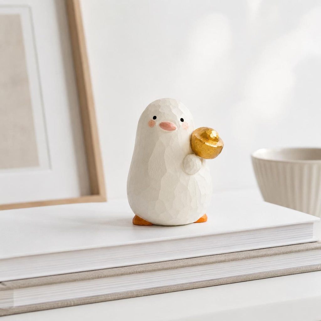 Lucky White Wooden Bird Figurine Hand Carved Wood Duck with Gold Ingot Cute Desk Decor Good Luck Gift for Friend New Job Present