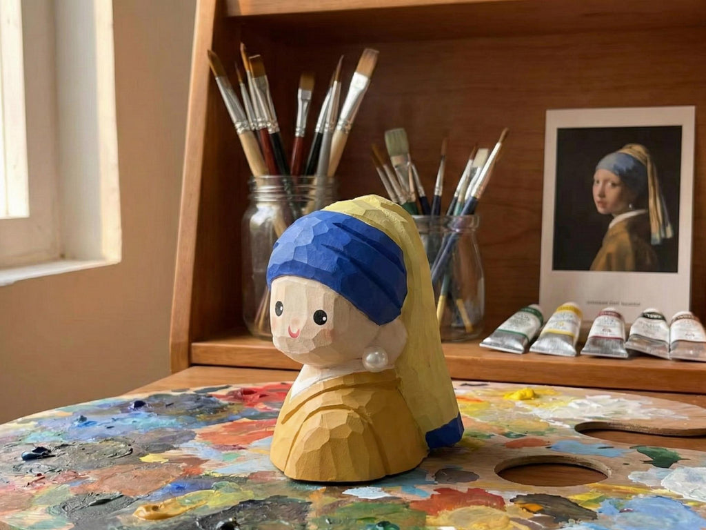 Handmade Wooden Girl with a Pearl Earring Figurine, Dutch Painting Inspired Wood Sculpture, Art Decor