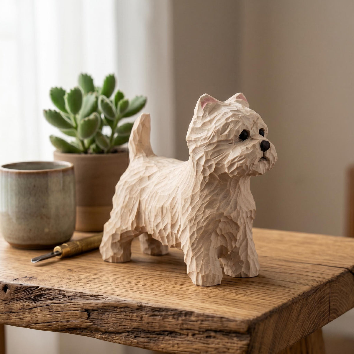 Hand Carved Wooden Westie Figurine, Rustic White Terrier Dog Sculpture, Folk Art Pet Memorial Gift for Dog Lovers, Desk Decor